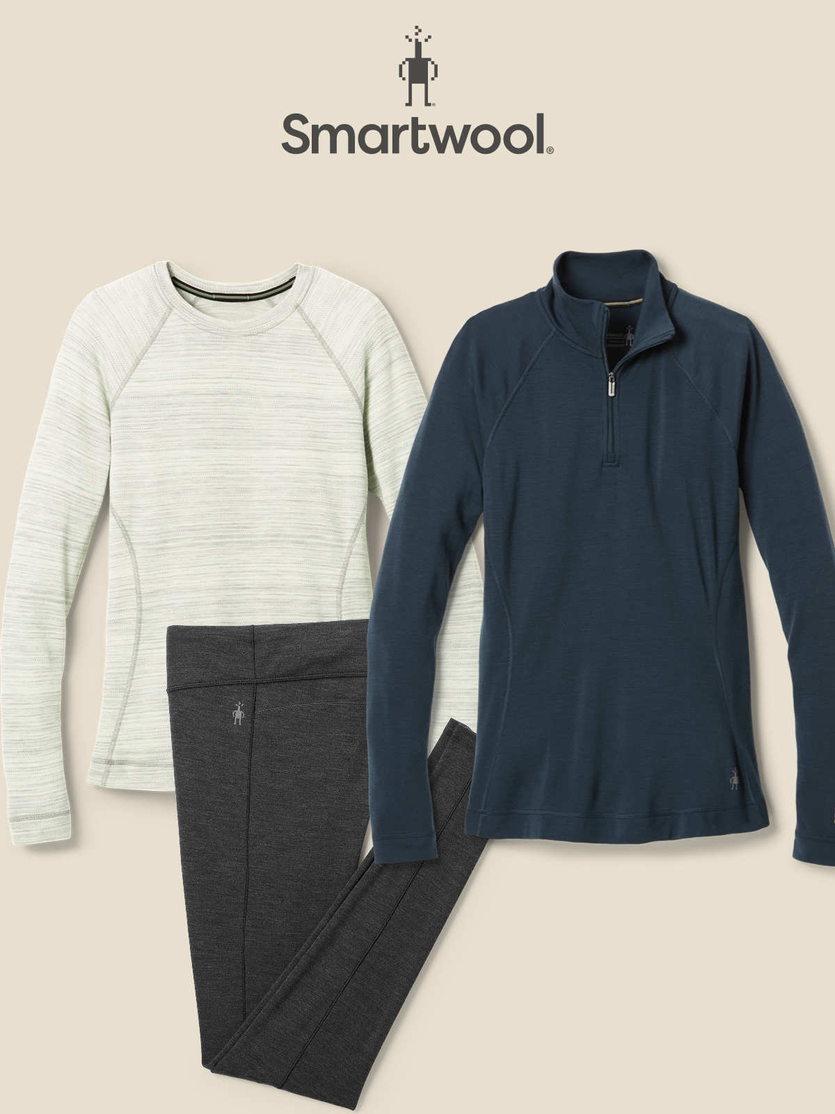 A collage of Smartwool clothing on a light colored background.