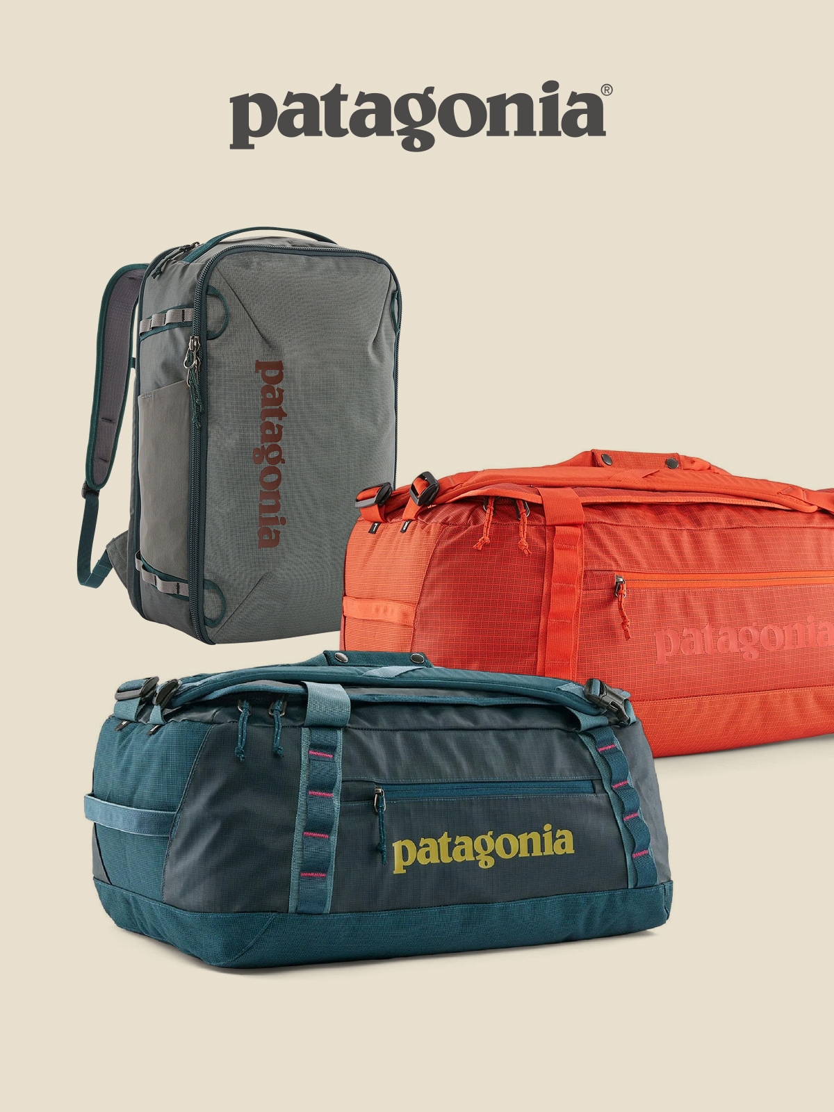 Three Patagonia bags on a light colored background.