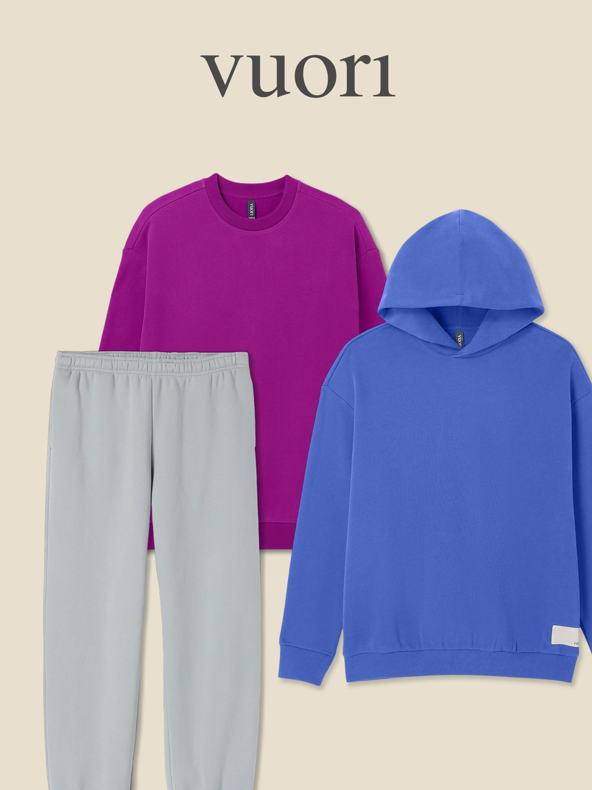 A collage of Vuori clothing on a light colored background.