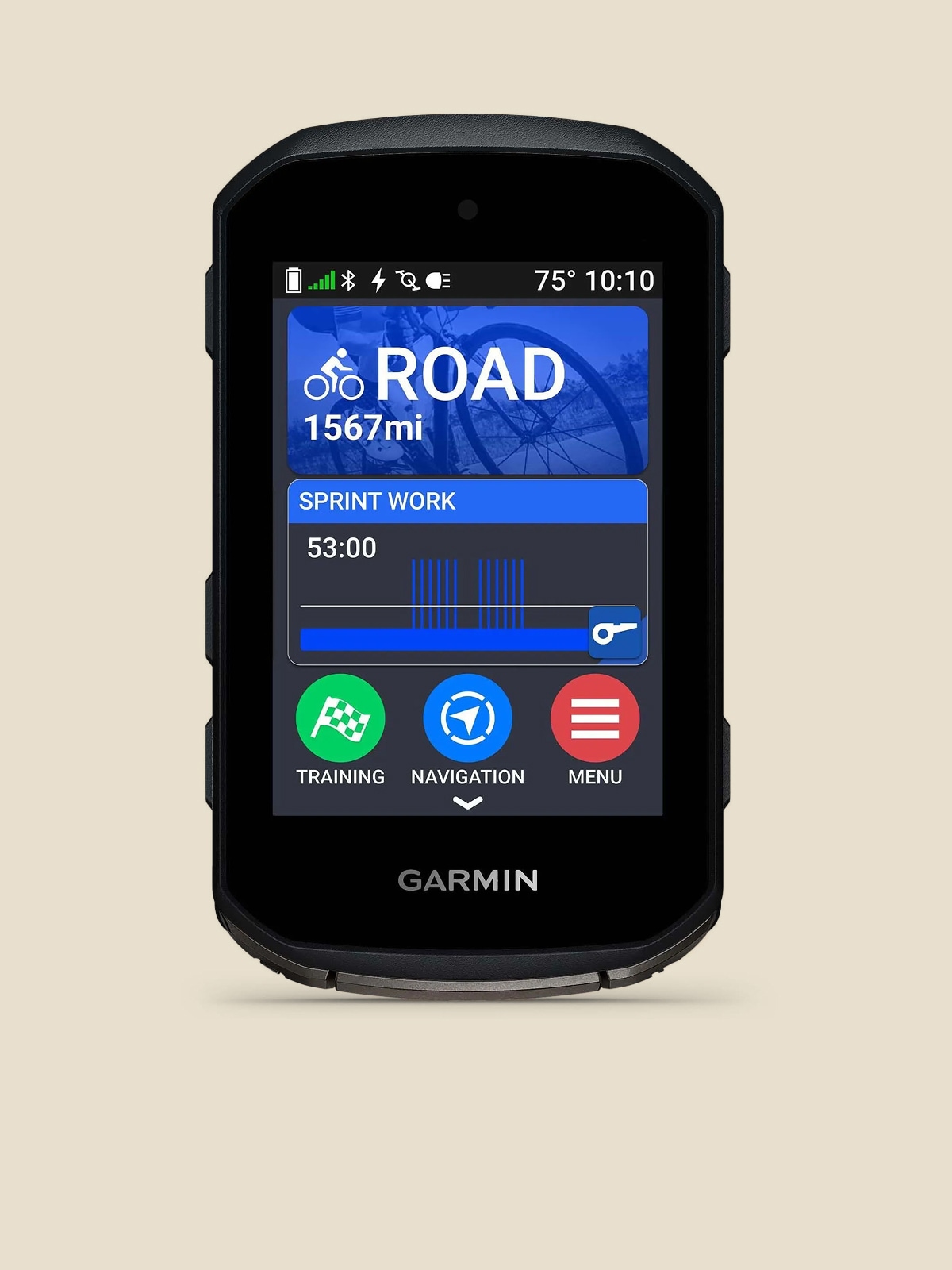 A Garmin bike computer on a light colored background.