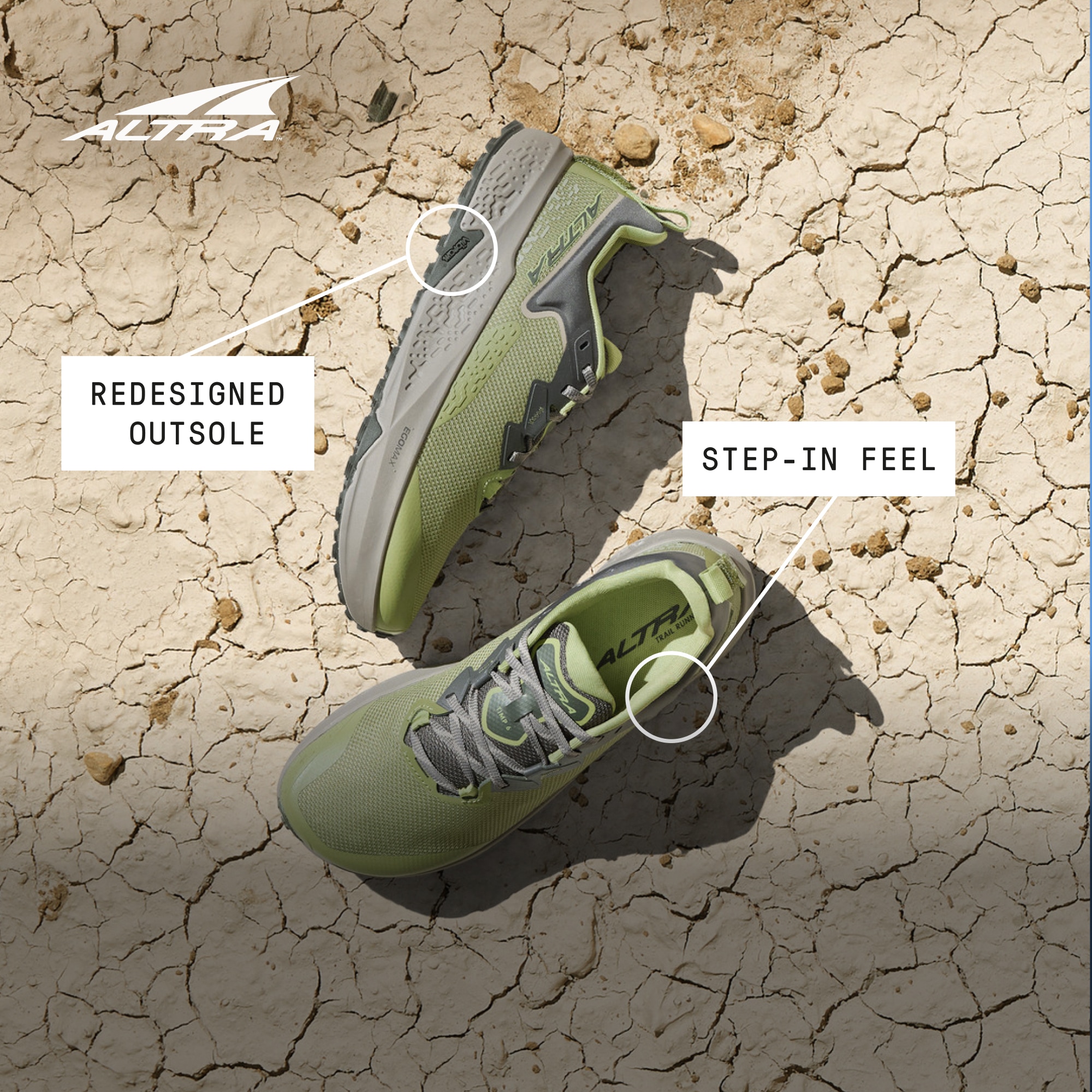A pair of green Altra Timp 6 running shoes on top of rocky terrain.