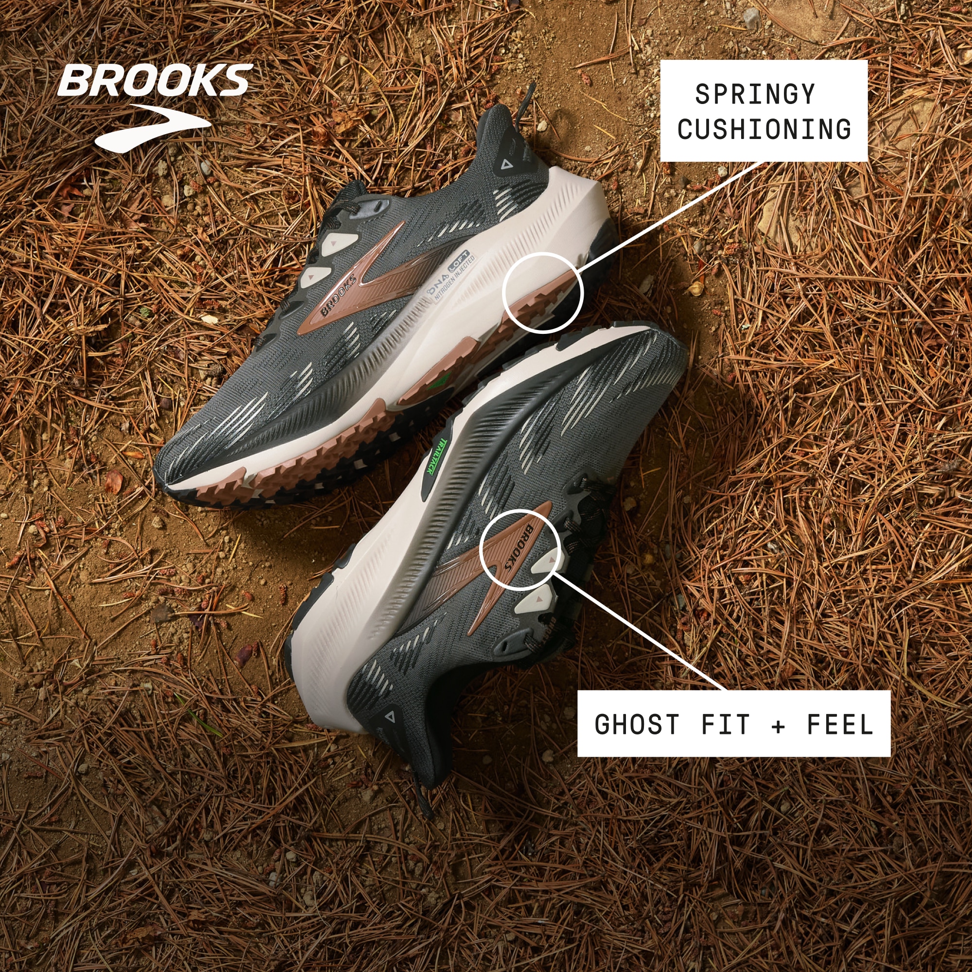 A pair of Brooks running shoes on a dirt trail.