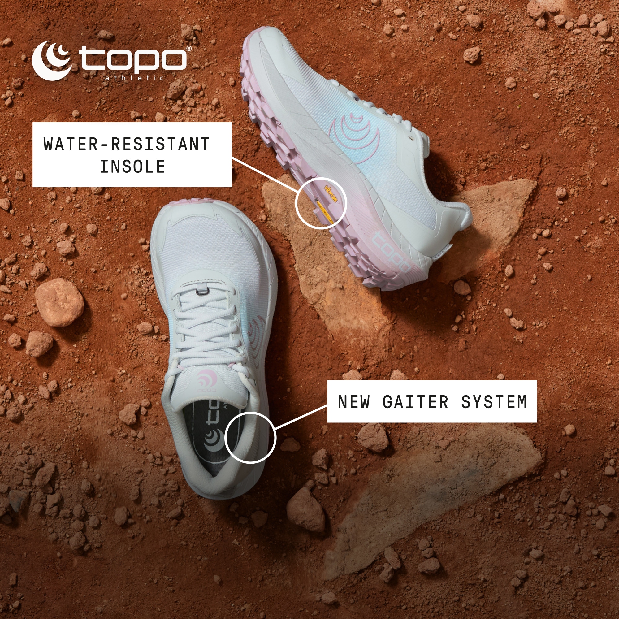 A pair of Topo Athletic Mtn Racer 4 running shoes on a trail with red rocks.