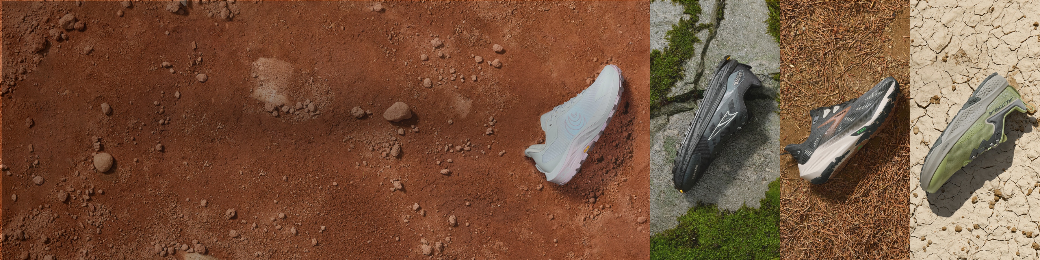 Running shoes from Topo Athletic, Altra, & Brooks photographed in various types of terrain.