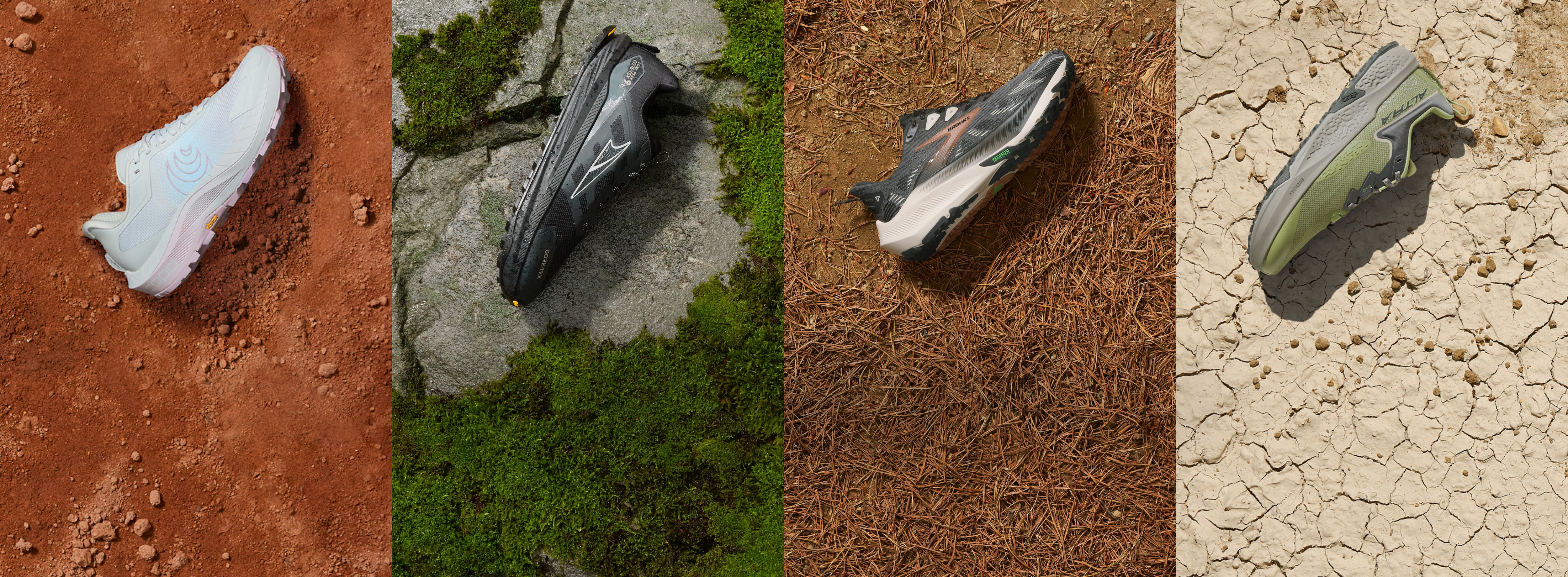 Running shoes from Topo Athletic, Altra, & Brooks photographed in various types of terrain.