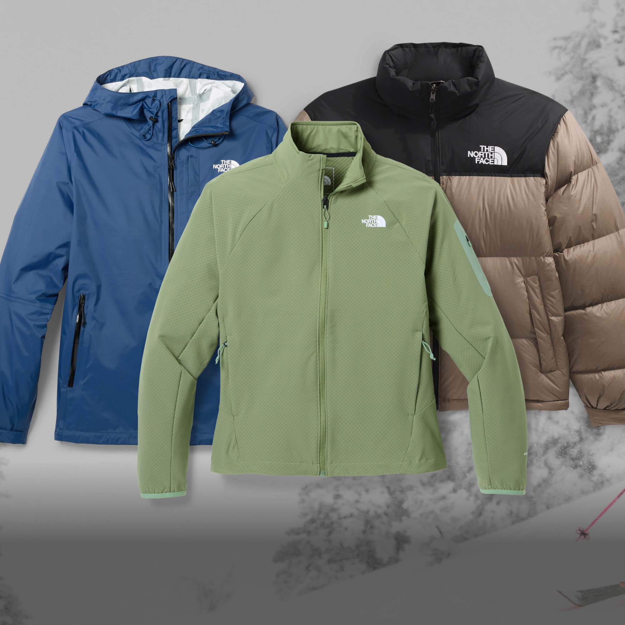 A collage of new jackets from The North Face over an image of a snow covered mountain and trees.