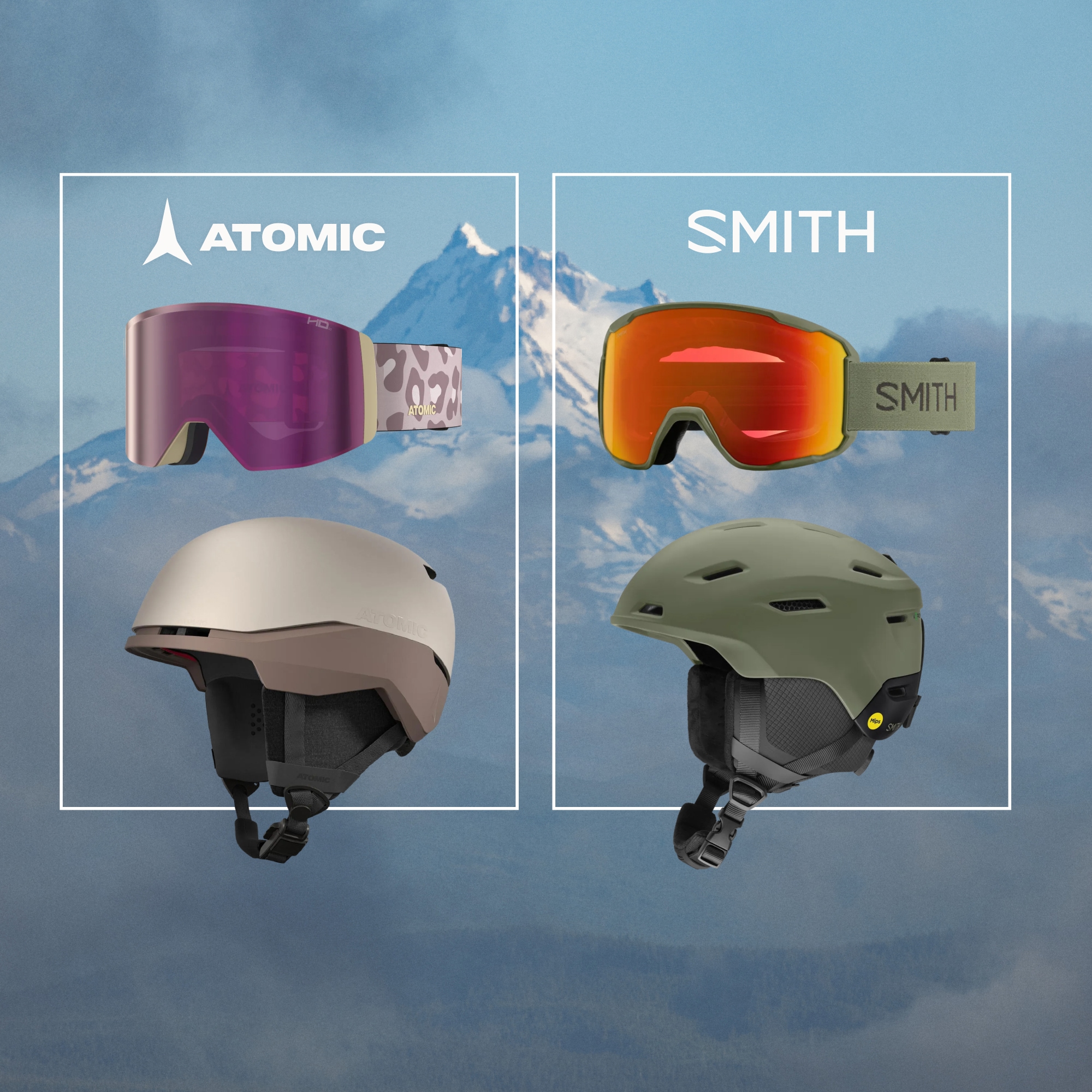 Snow helmets and goggles from Atomic and Smith over an image of snow covered mountains.