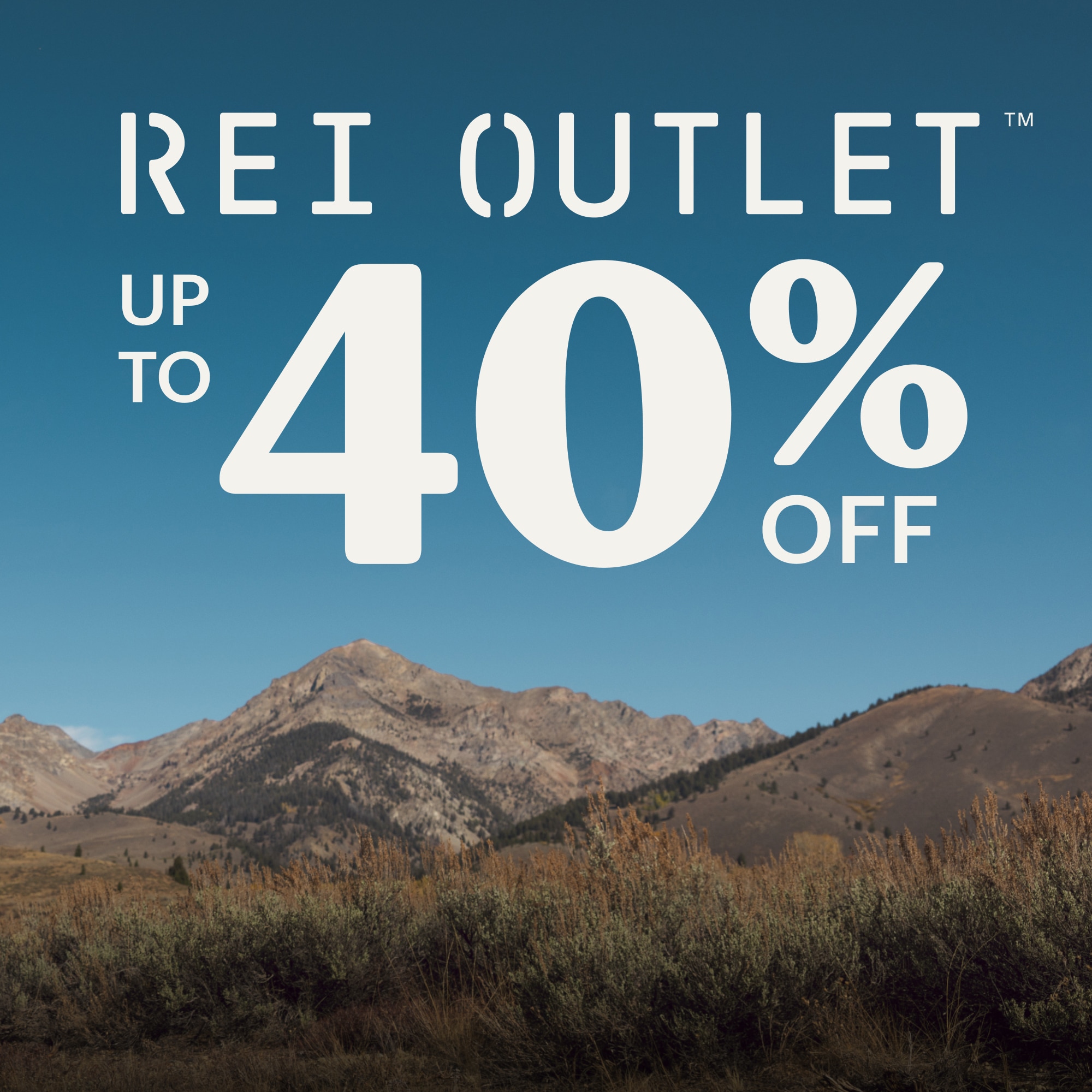 Text reads: ‘R E I Outlet. Up to 40% off.’ over an image of grassy mountains and a blue sky.