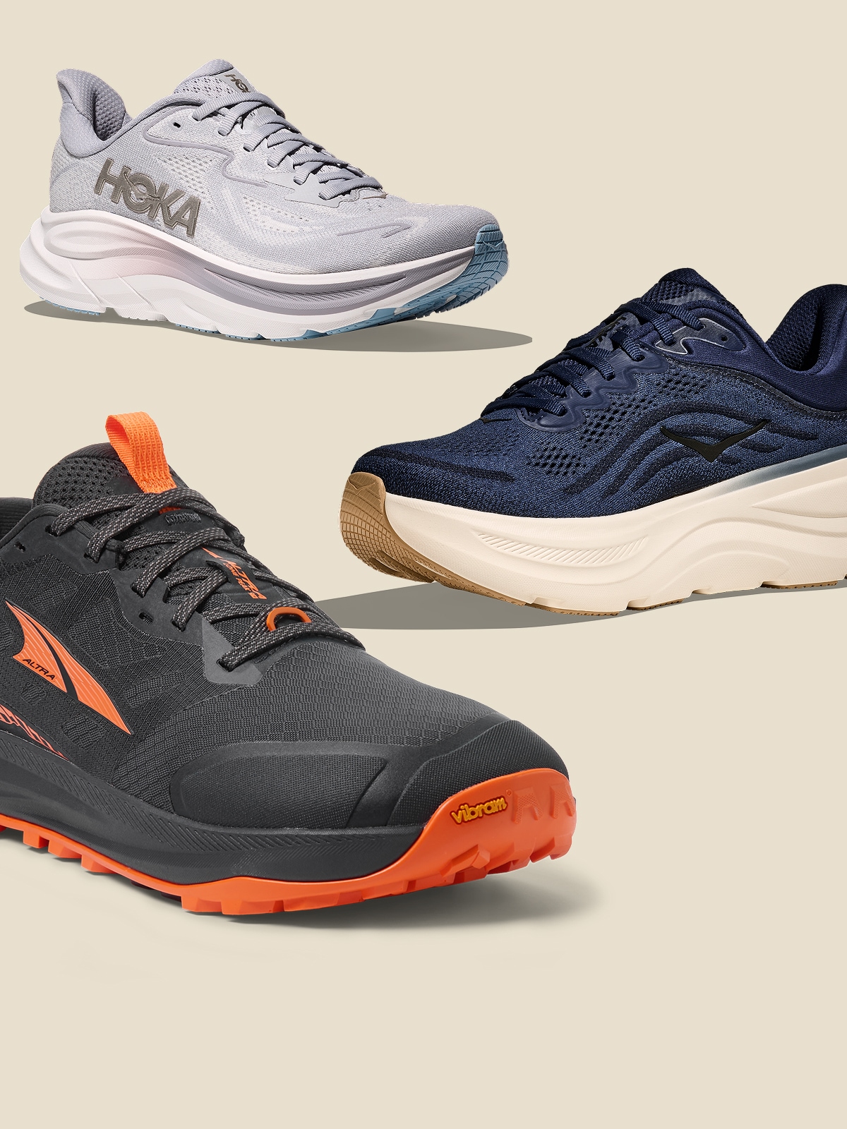 Running shoes from Altra & HOKA on a light colored background.