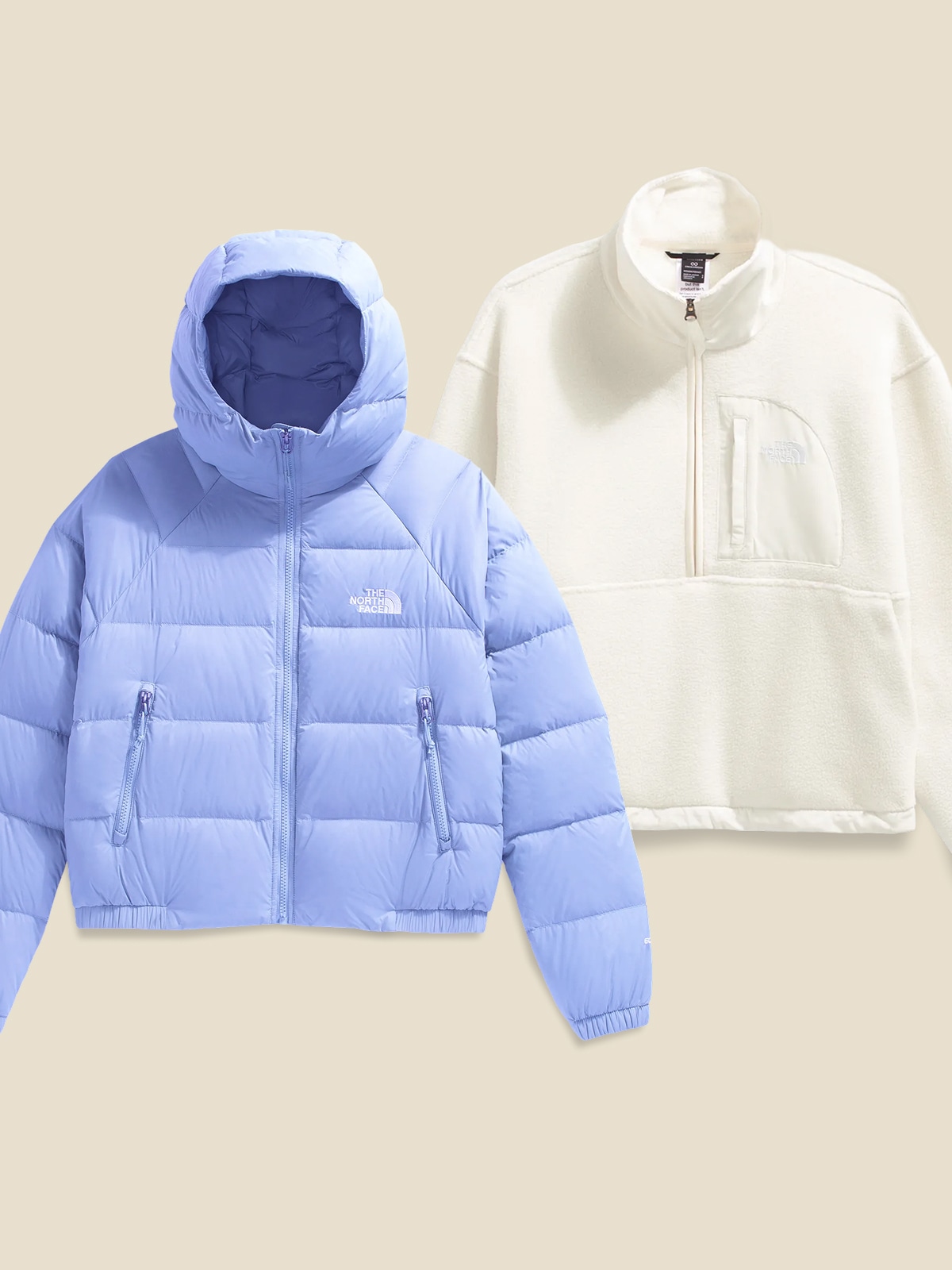 Two women’s puffer jackets from The North Face on a light colored background.