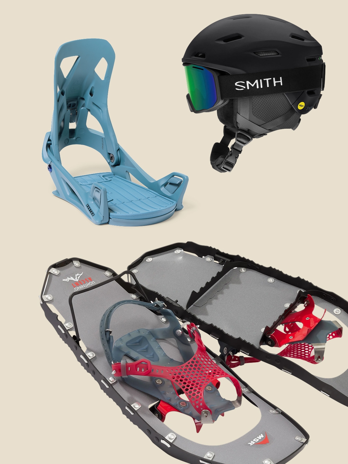 A helmet & goggles, snowshoes, & a snowboard binding on a light colored background.