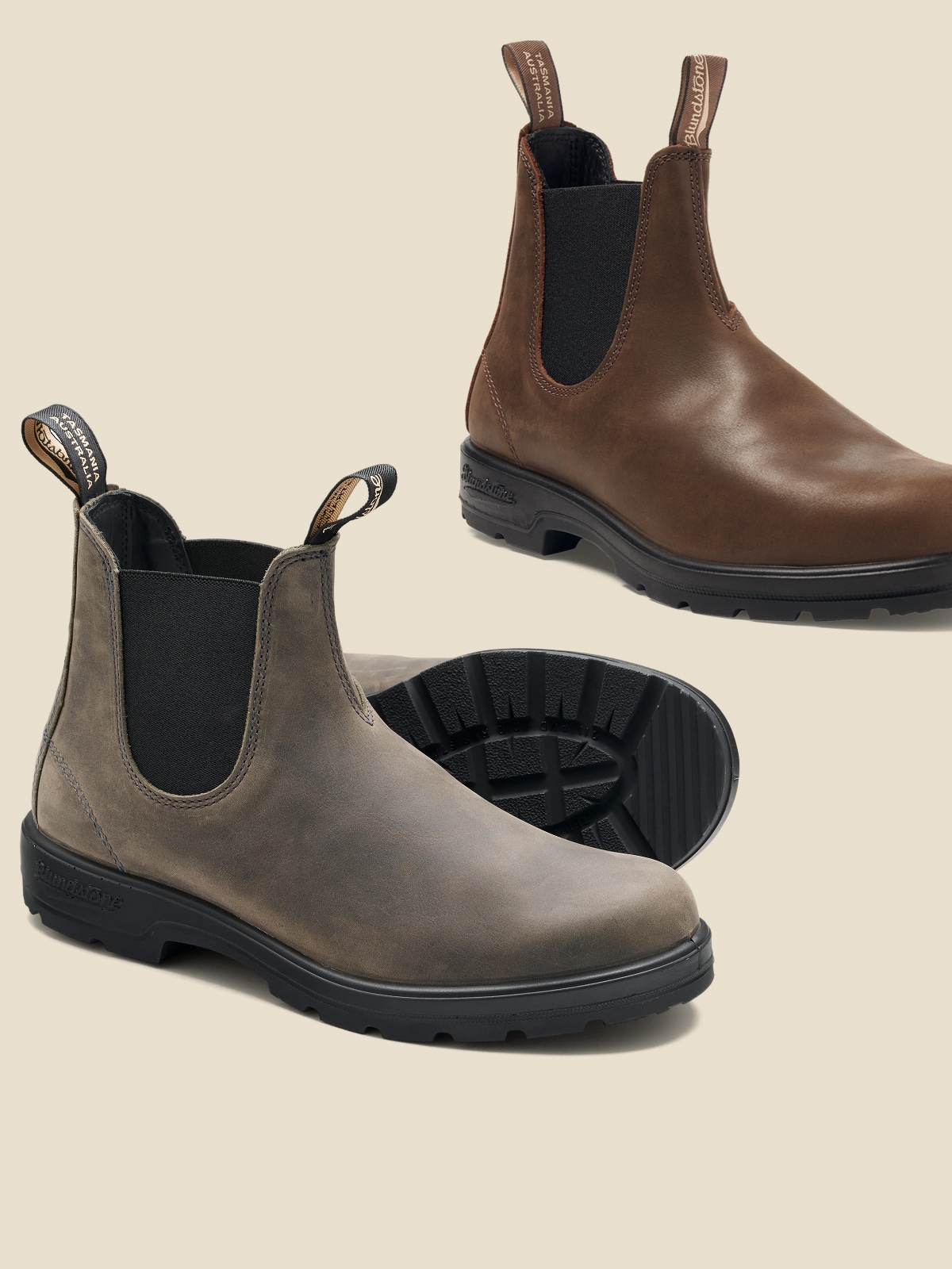 Blundstone boots on a light colored background.
