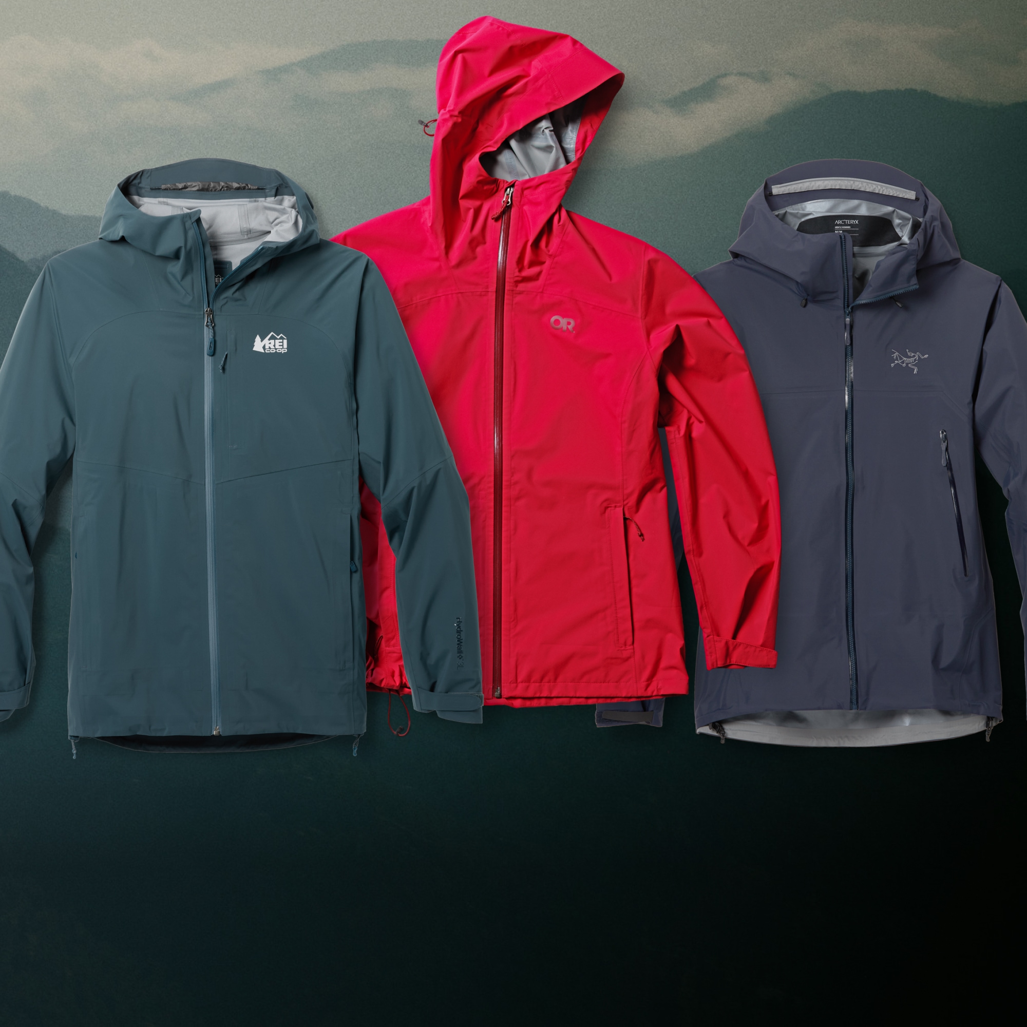 A collage of rain jackets over an image of a mountain range.