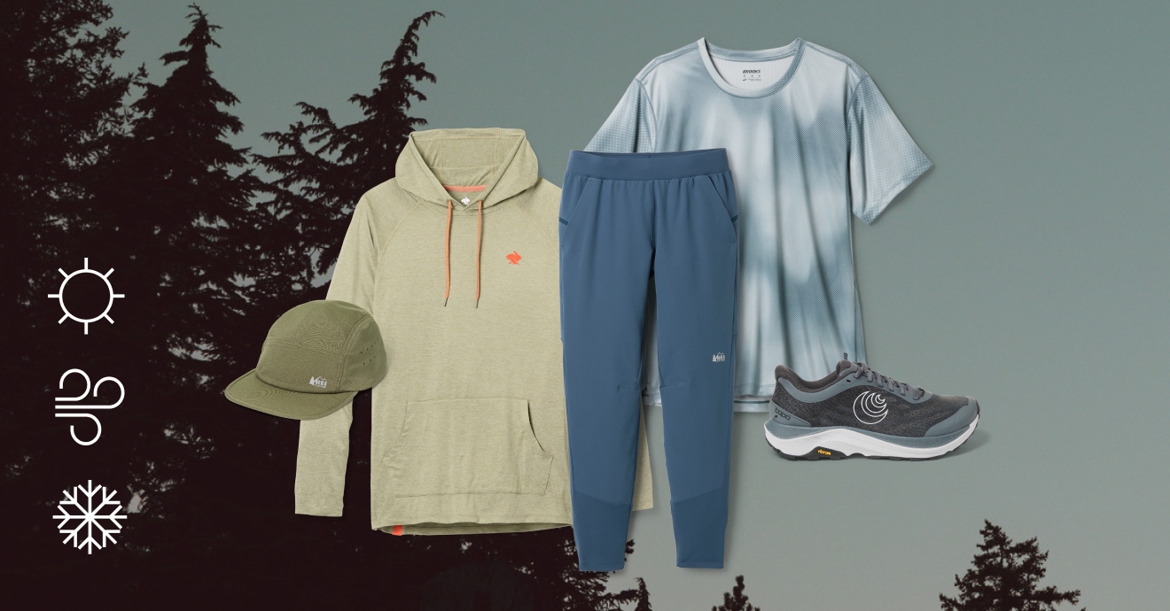 A collage of running gear & clothing with three weather icons—a sun, wind, & a snowflake—over an image of treetops.