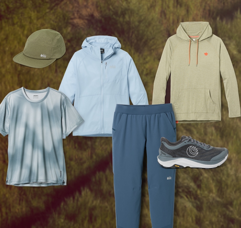 A collage of running gear and clothing from Brooks, R E I Co-op, Rabbit, & Topo Athletic over a grassy background.