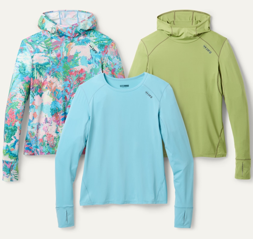 A collage of Sunchaser long-sleeves from Janji on a light colored background.