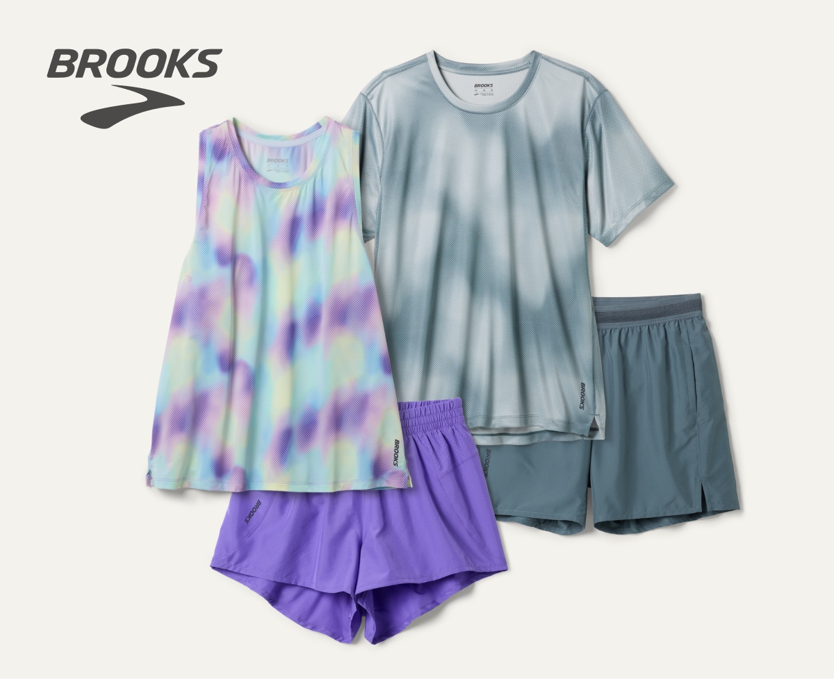 A collage of running apparel from the Brooks Dash collection on a light colored background.