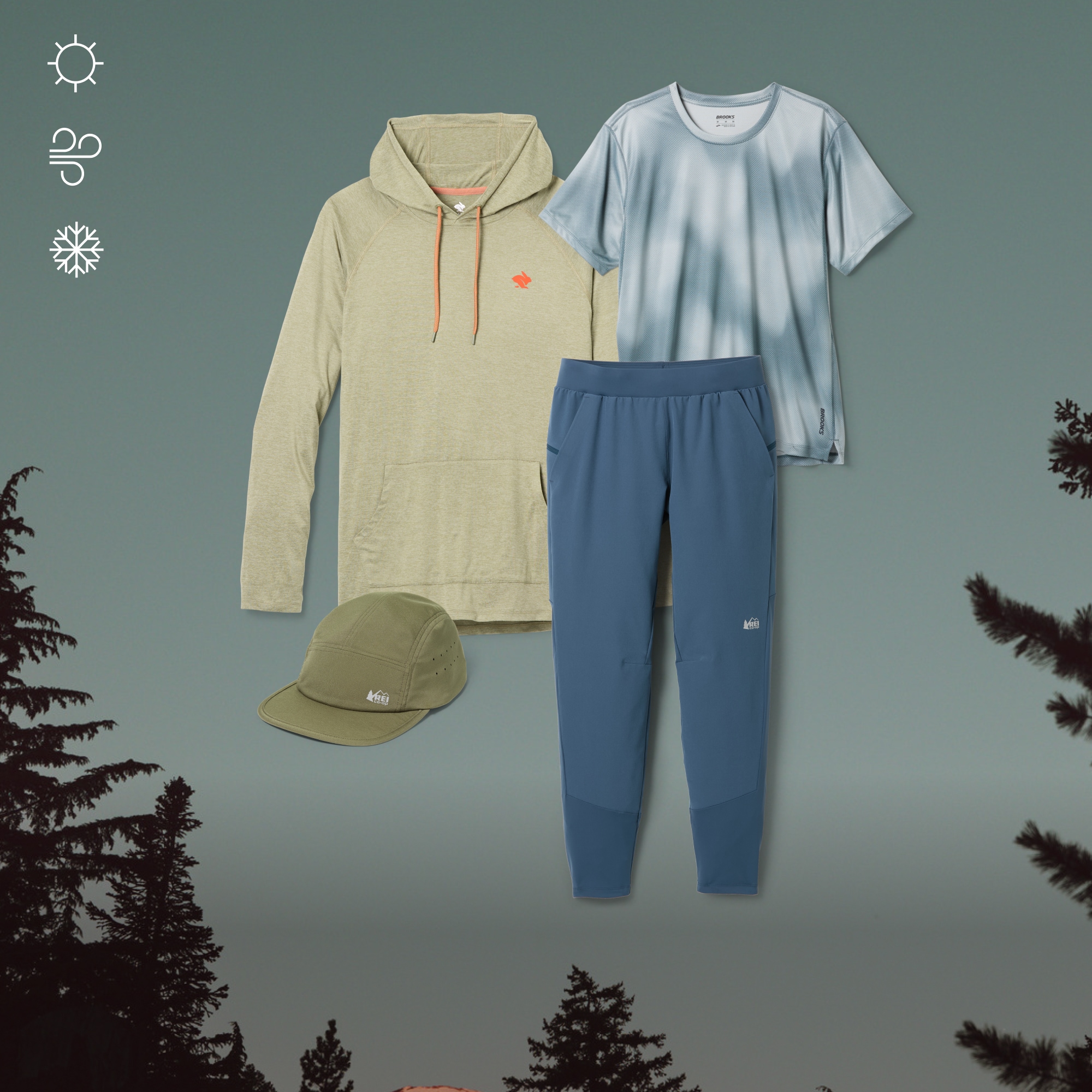 A collage of running gear & clothing with three weather icons—a sun, wind, & a snowflake—over an image of treetops.