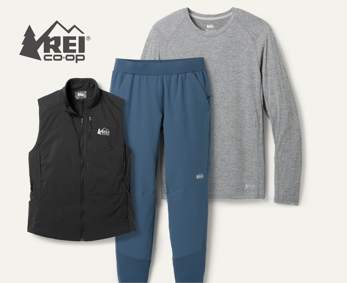 A collage of R E I Co-op Swiftland running apparel on a light colored background.