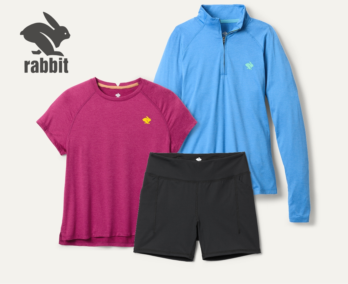 A collage of new running apparel from Rabbit on a light colored background.