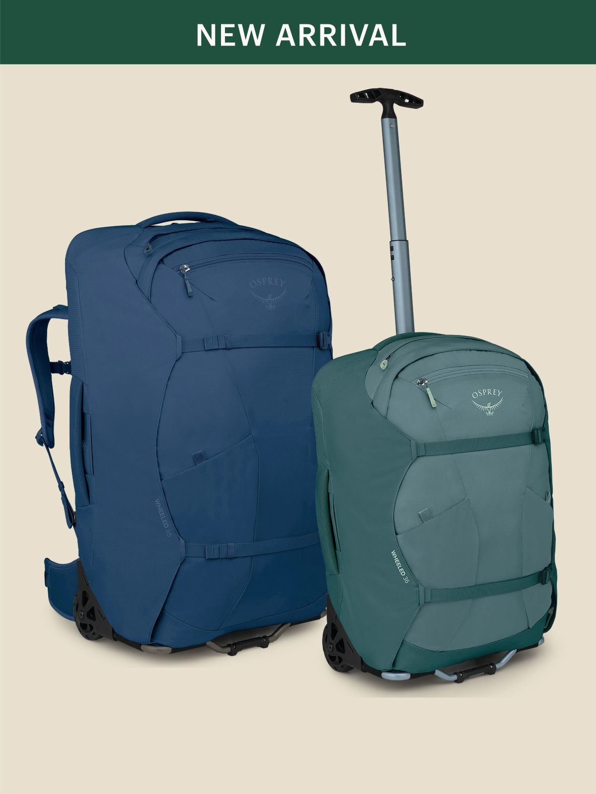New Osprey travel bags on a light colored background.
