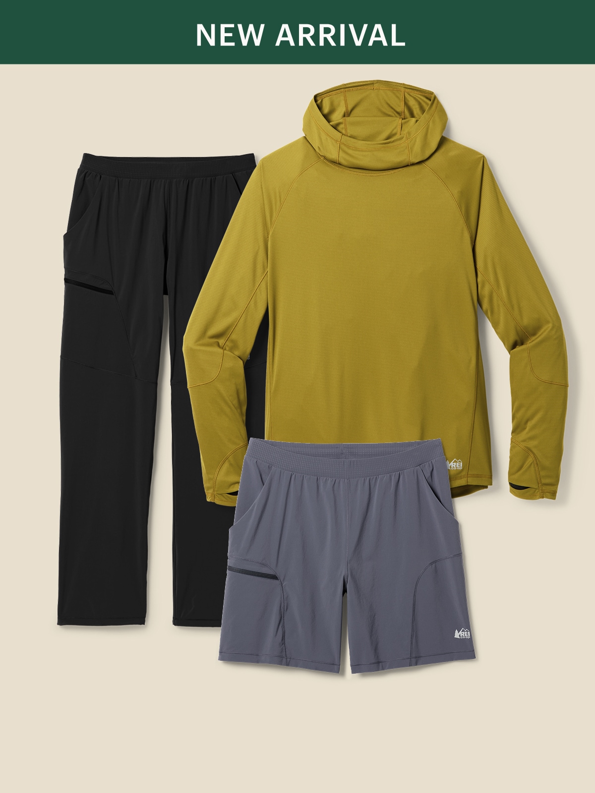 A collage of R E I Co-op brand clothing on a light colored background.