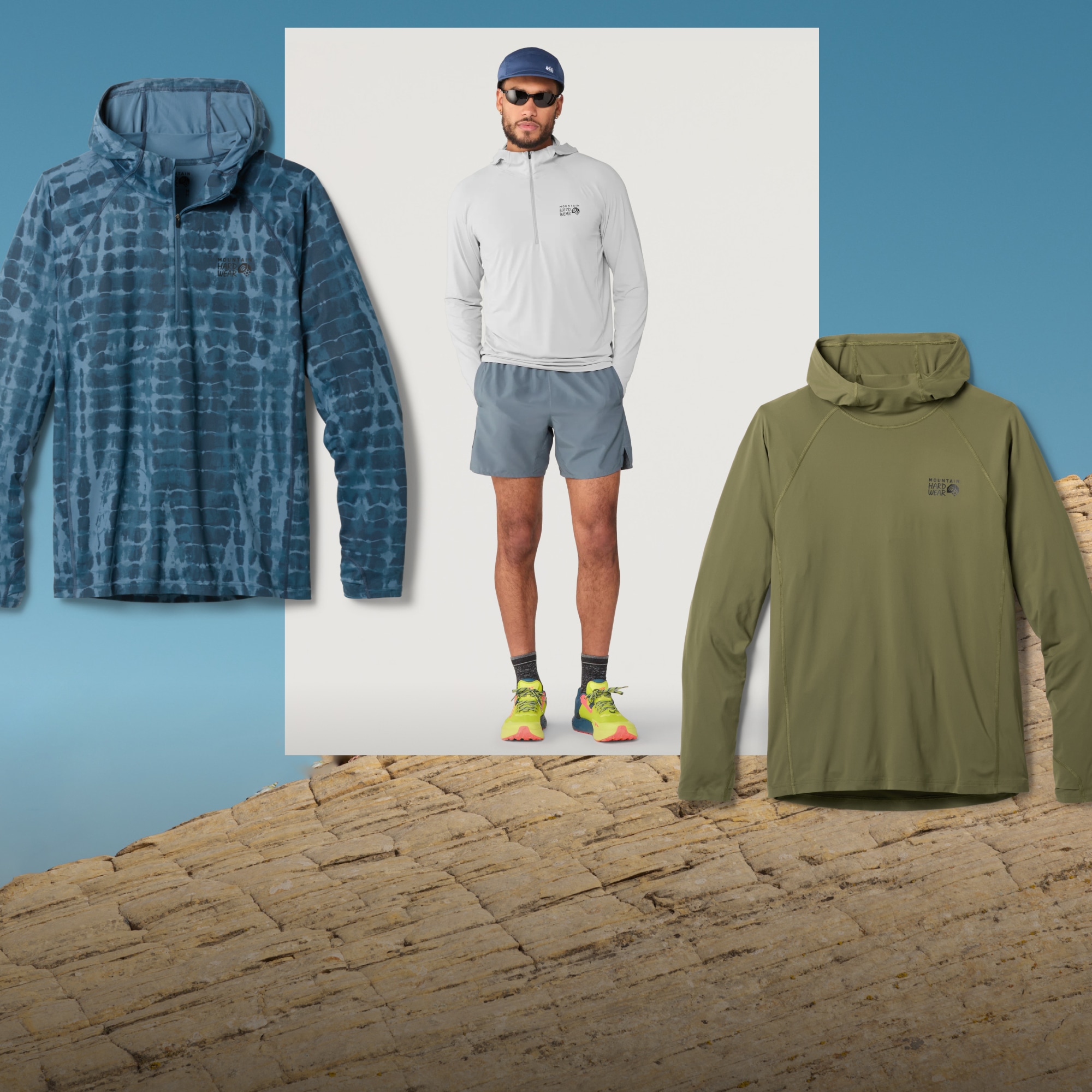 A person poses in their UPF long-sleeve top with a collage of Mountain Hardwear long-sleeves over an image of a rock.