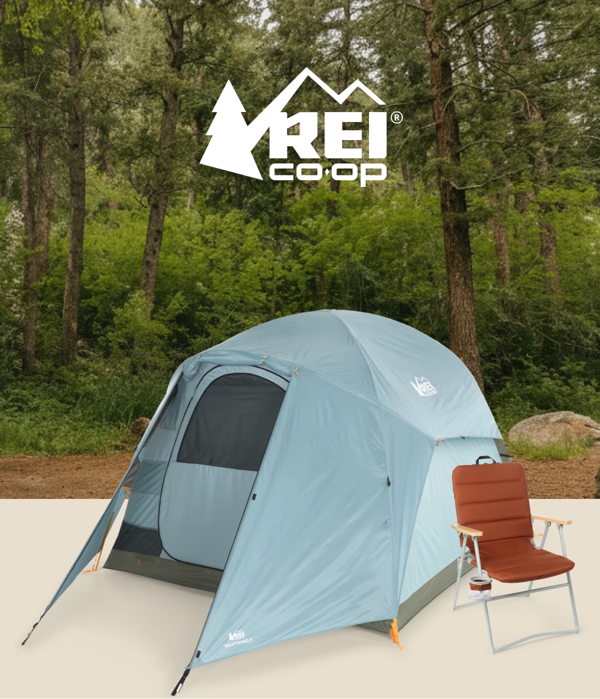 A tent and a camp chair from the R E I Co-op Westward collection over an image of a dense forest.