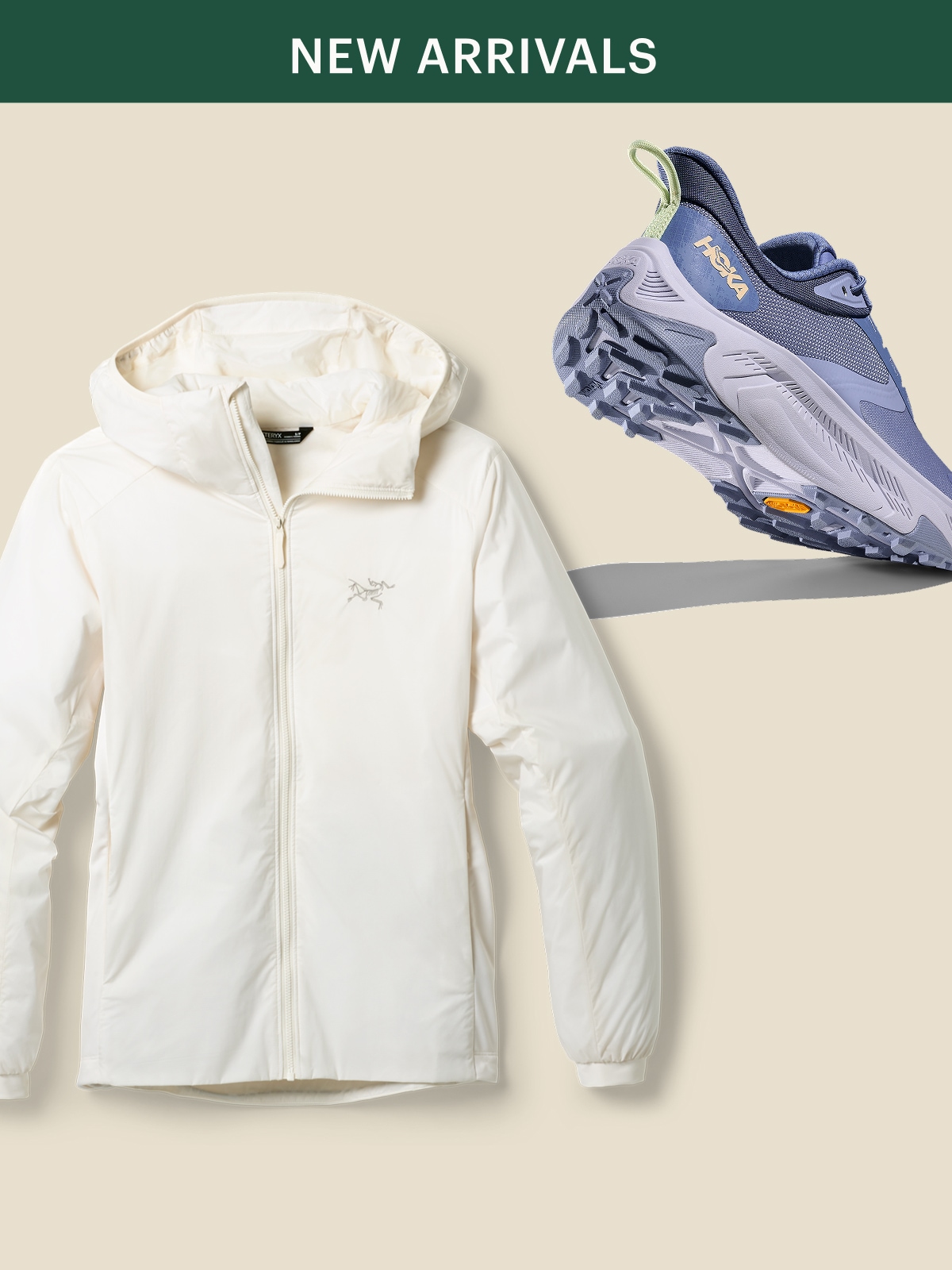 An Arc'teryx insulated hoody and a HOKA Transport 2 shoe.