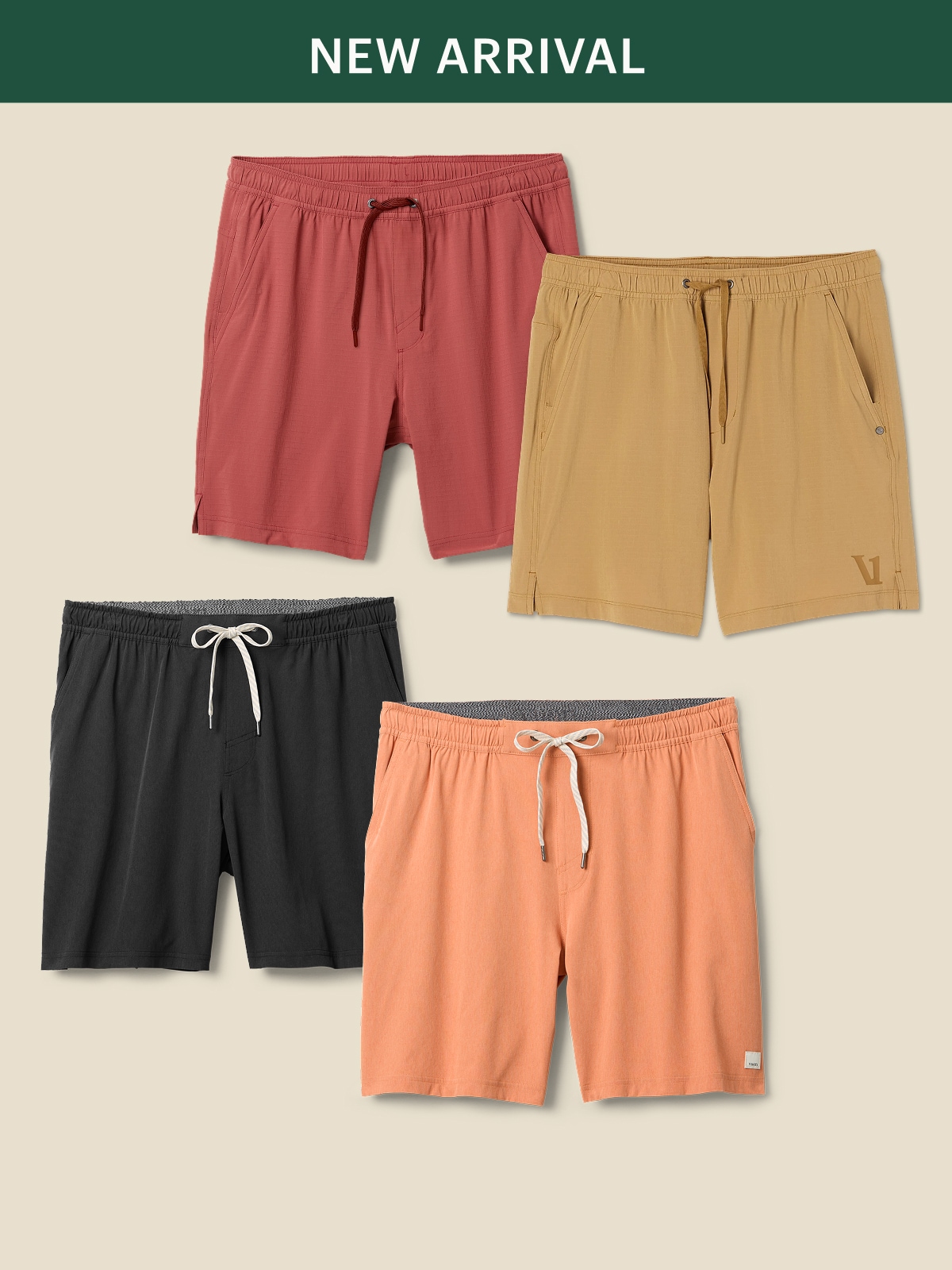 A collage of four pairs of running shorts on a light colored background.