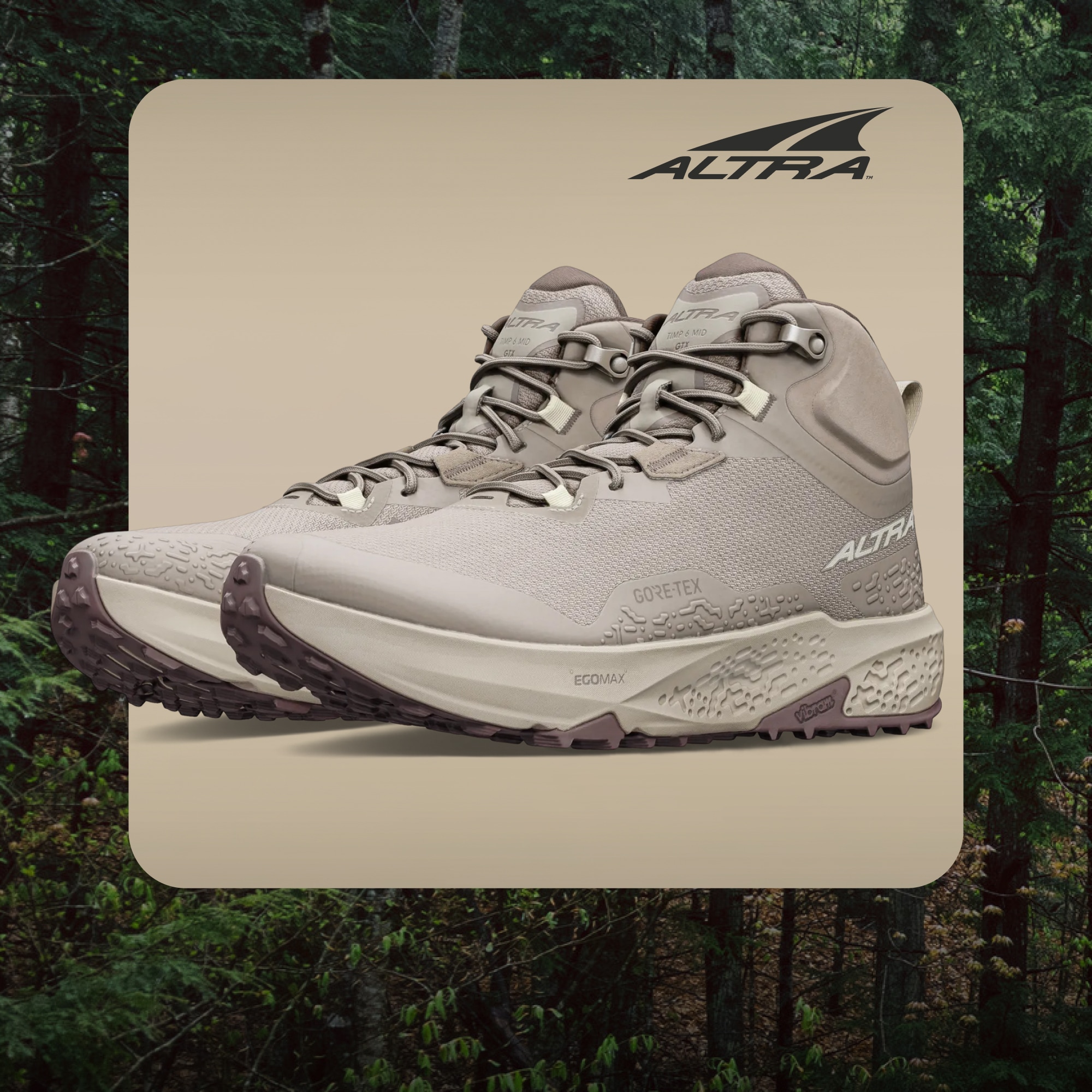 An Altra Timp 6 hiking shoe on a light colored background over an image of a dense forest.