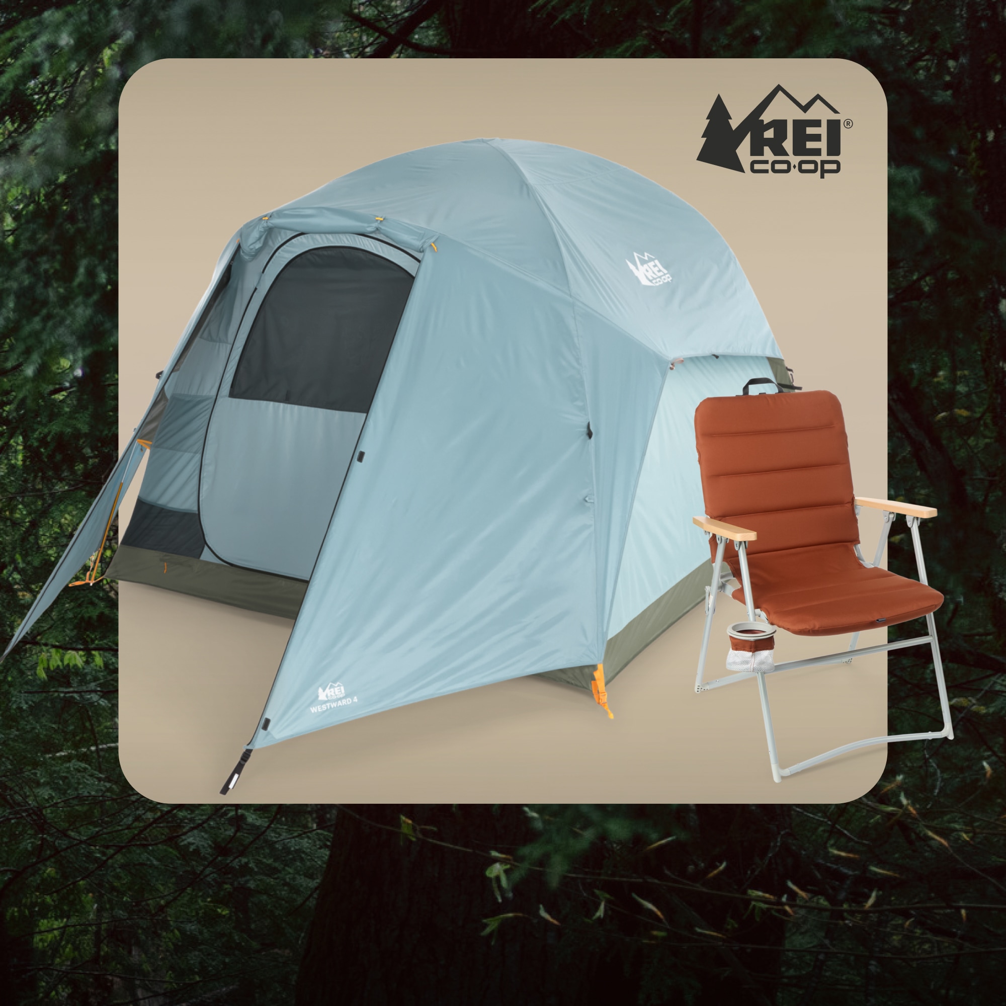A tent and camp chair from the R E I Co-op Westward collection on a light colored background over an image of a dense forest.