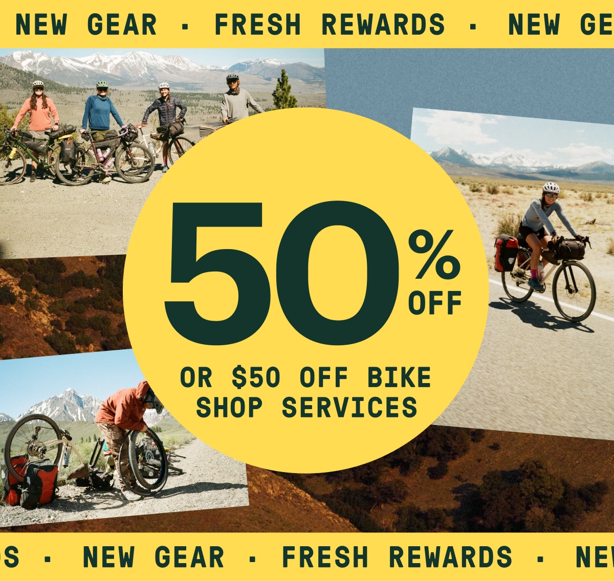New gear, fresh rewards. Text reads: ‘50% off or $50 off bike shop services’ over a collage of members with their bikes.