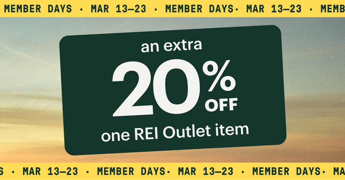 Member Days March 13-23. A coupon for an extra 20% off one R E I Outlet item over an image of a gradient sky.