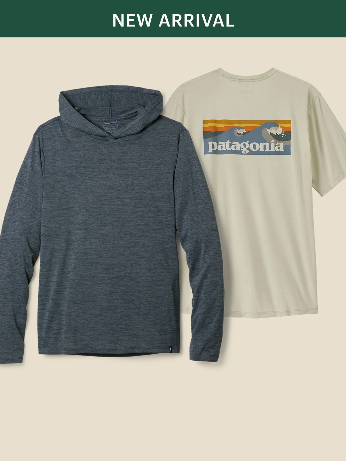 Two men’s Patagonia tops on a light colored background.