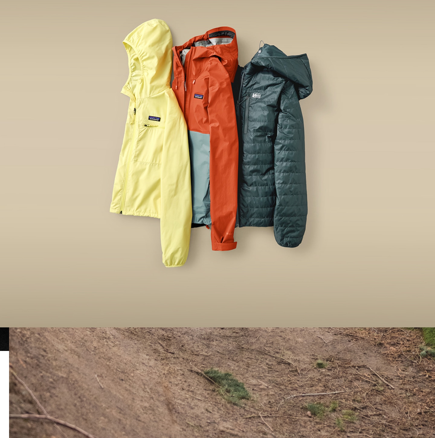 Two Patagonia jackets an an R E I Co-op brand jacket on a light colored background.