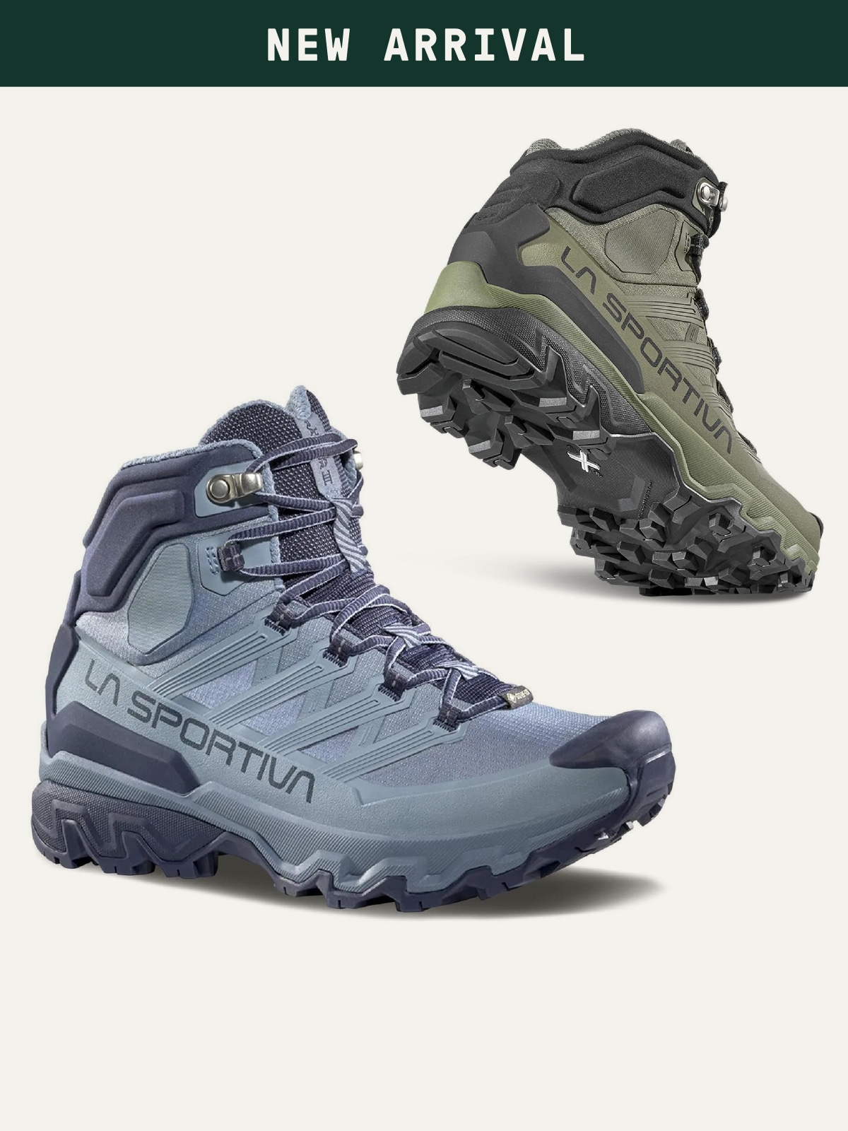 Text reads: ‘New arrival’ over an image of La Sportiva hiking boots on a light colored background.