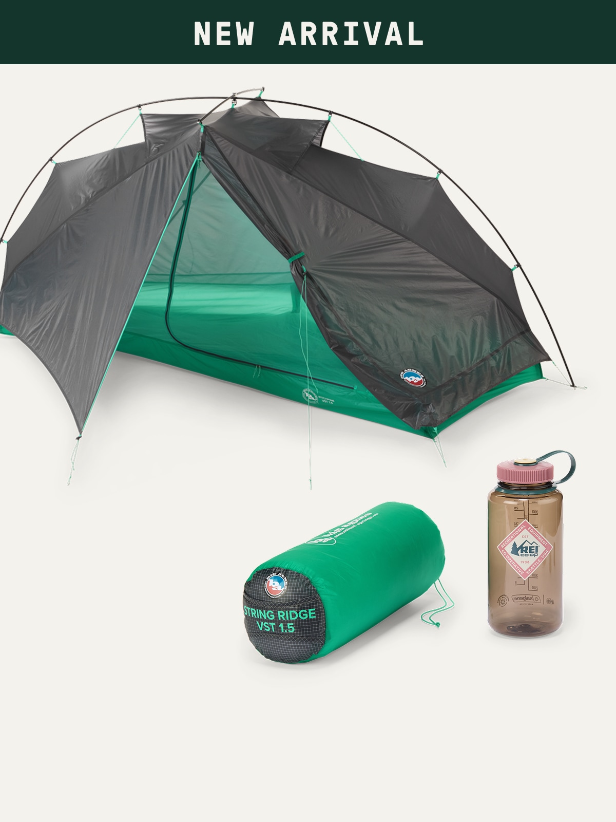 Text reads: ‘New arrival’ over an image of a Big Agnes tent and an R E I Co-op Nalgene water bottle on a light colored background.