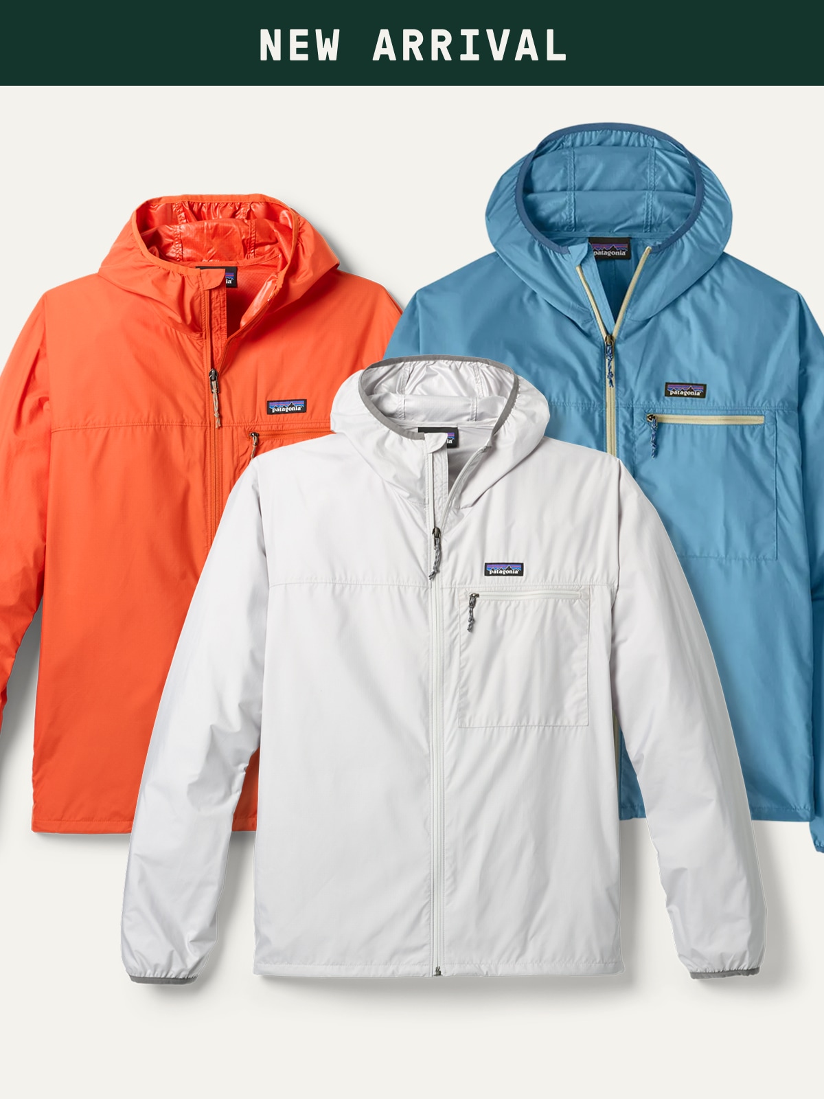 Text reads: ‘New arrival’ over an image of three Patagonia jackets on a light colored background.