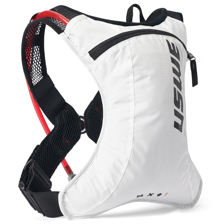 A white cycling pack with black straps standing up against a white background
