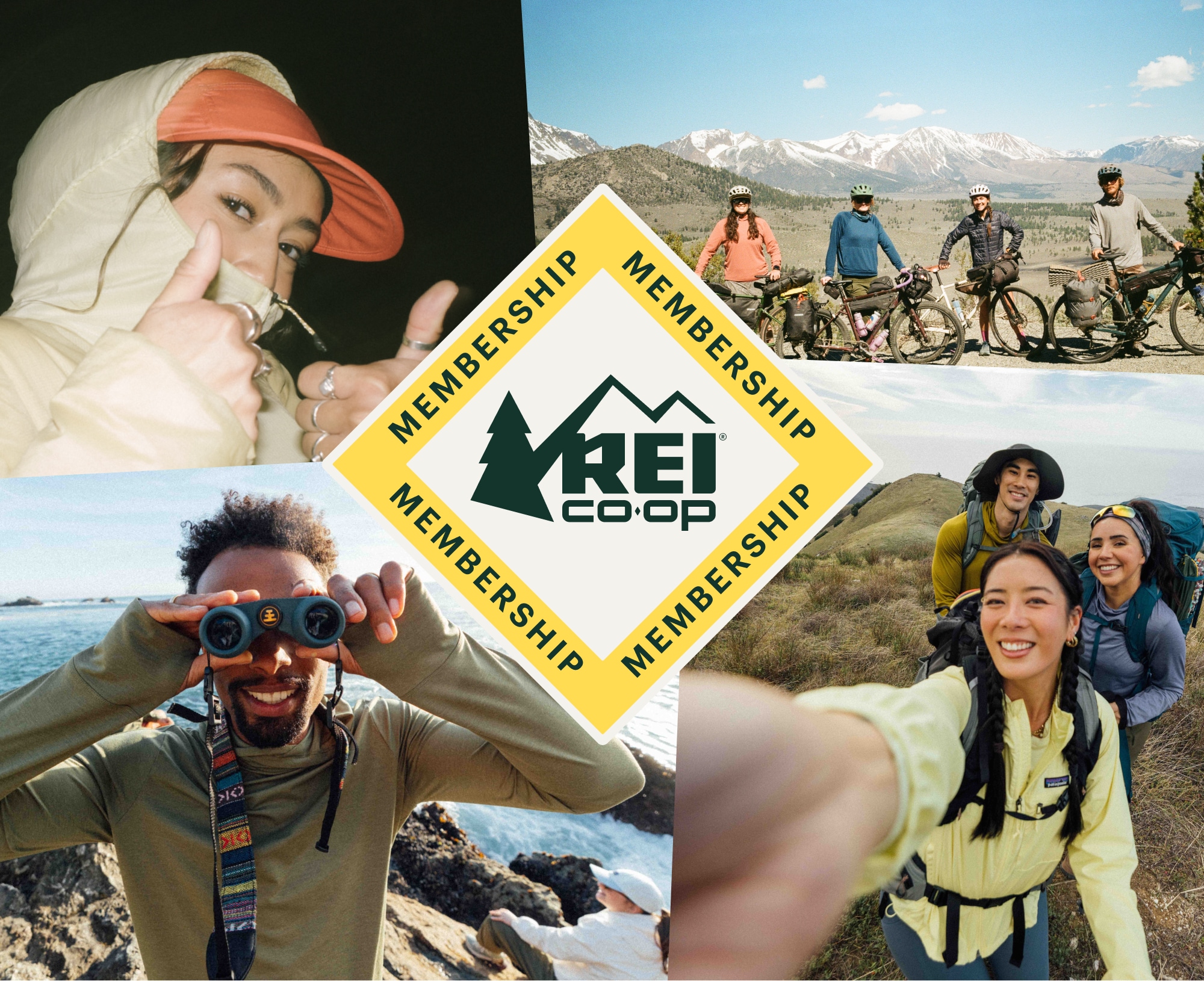 Text reads: ‘R E I Co-op Membership’ over a collage of members enjoying the outdoors.