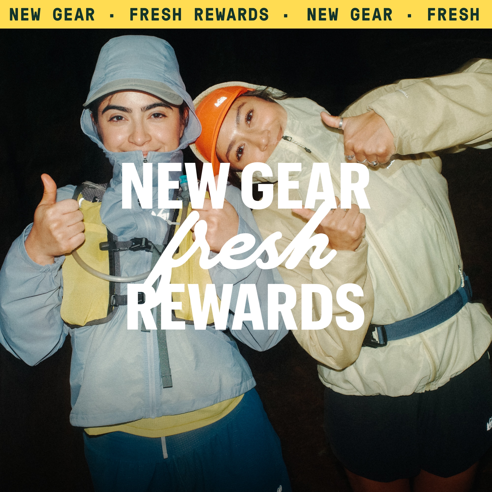 Text reads: ‘New gear, fresh rewards’ over an image of two people giving the camera a thumbs up.