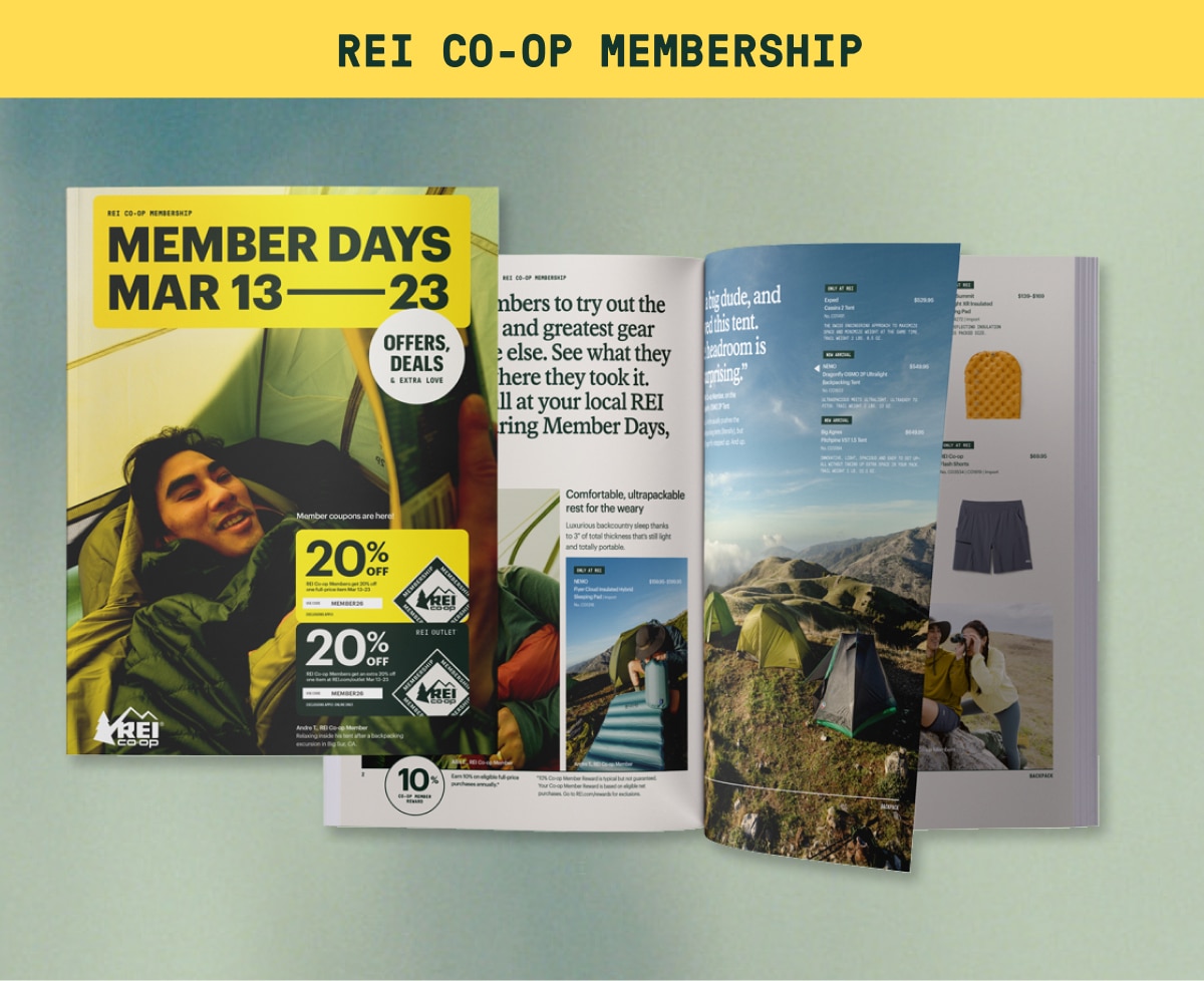 A yellow banner that reads: ‘R E I Co-op Membership’ over an image of the Member Days catalog on a green gradient background.