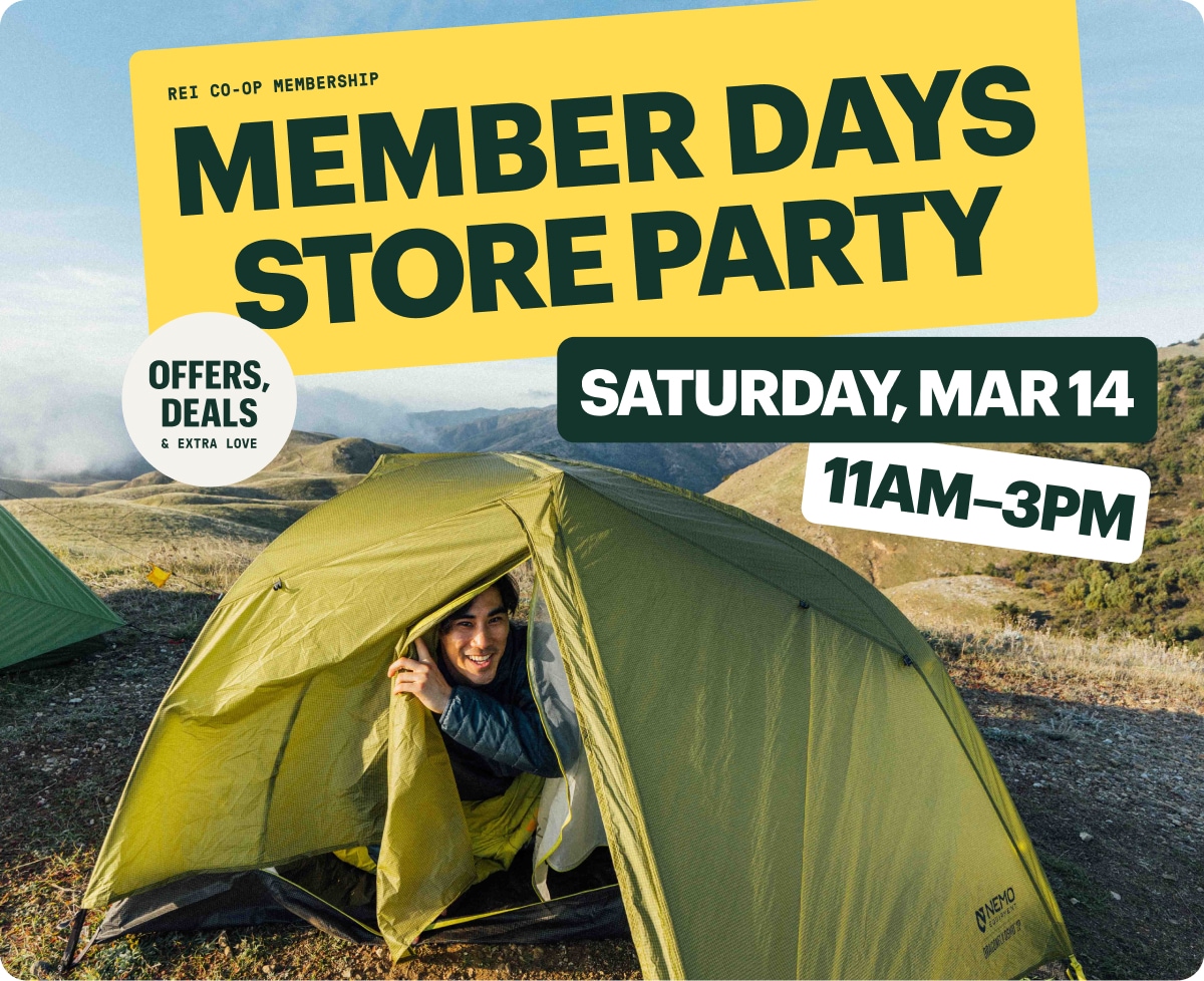 Text reads: ‘Member Days Store Party, Saturday Mar 14, 11am-3pm. Offers, deals & extra love’ over a photo of someone smiling for the camera inside of their tent.