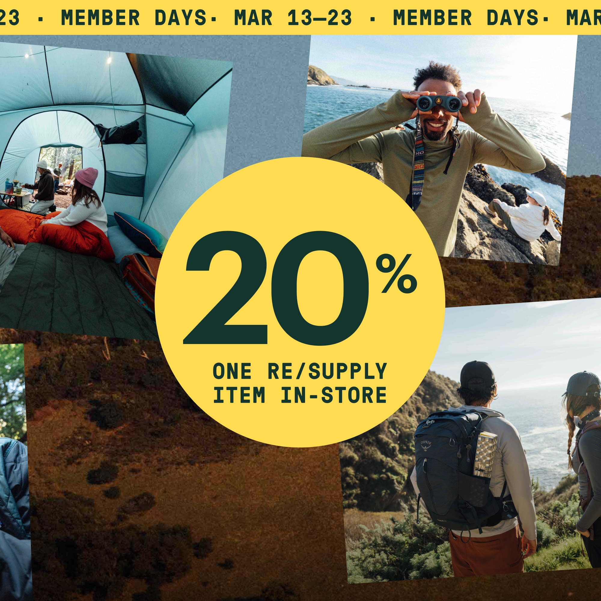 Text reads: ‘20% off one Re/Supply item in-store’ over a collage of members enjoying the outdoors.