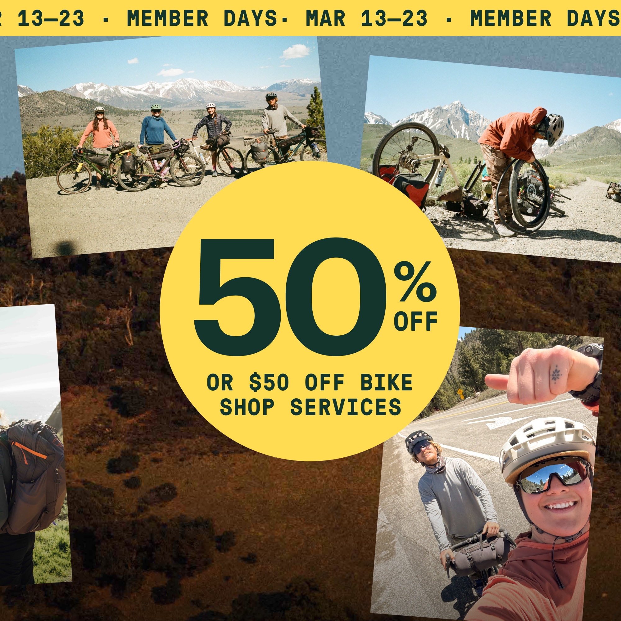 Text reads: ‘50% off or $50 off bike shop services’ over a collage of members enjoying the outdoors on their bikes.