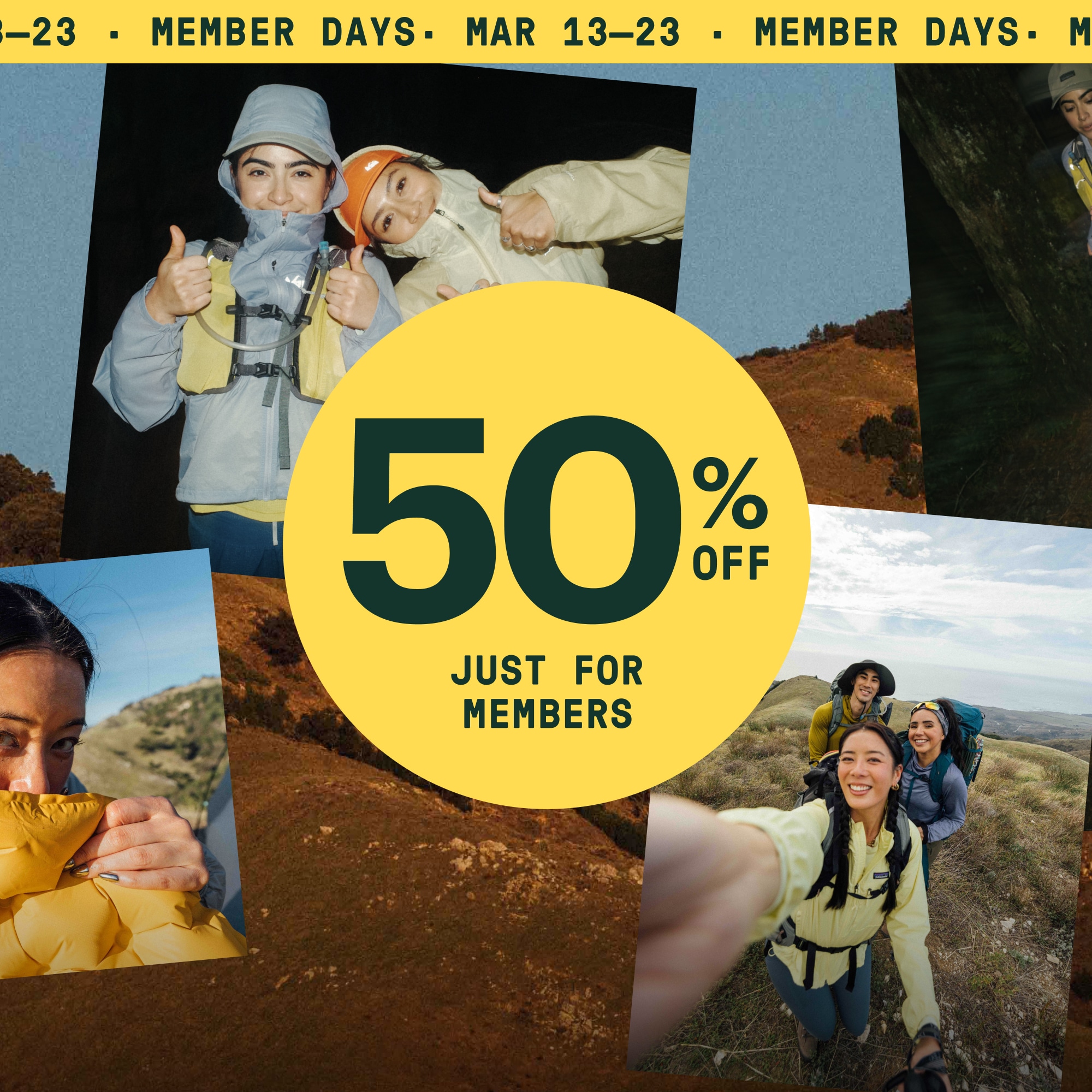 Text reads: ‘50% off just for members’ over a collage of members enjoying the outdoors.