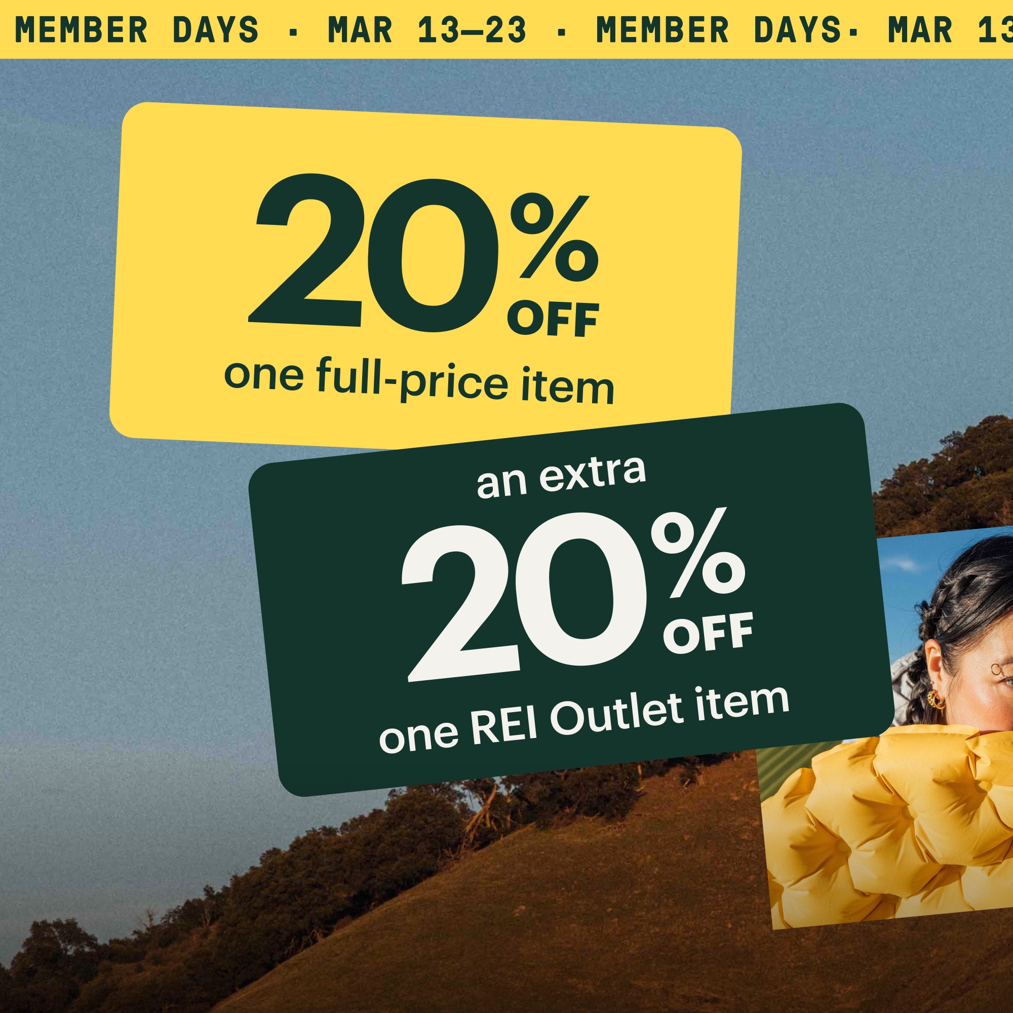 Two Member coupons, one for 20% off one full-price item & one for 20% off one R E I Outlet item over an image of a grassy hill with a person blowing up a sleeping pad.