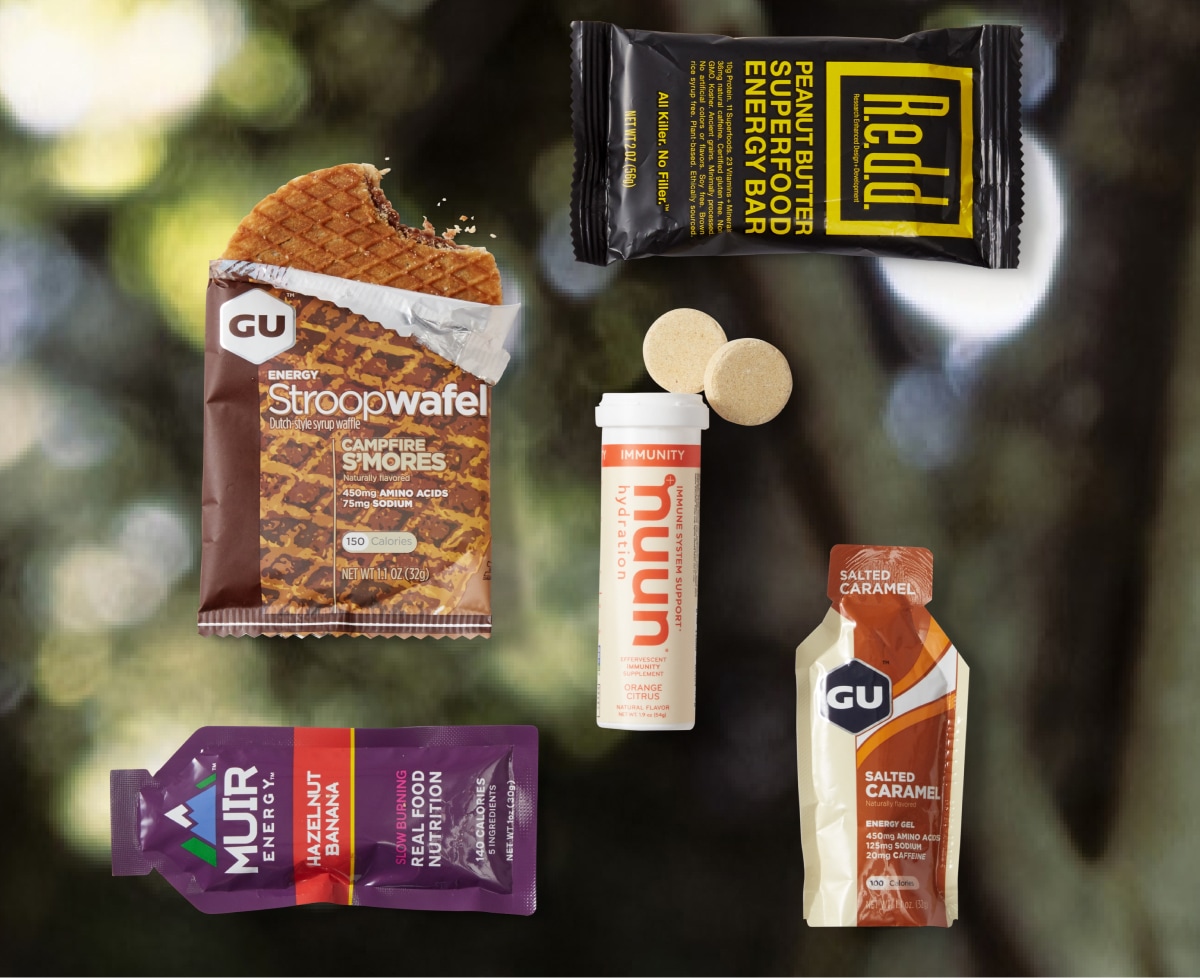 A collage of performance bars, gels, & snack foods.