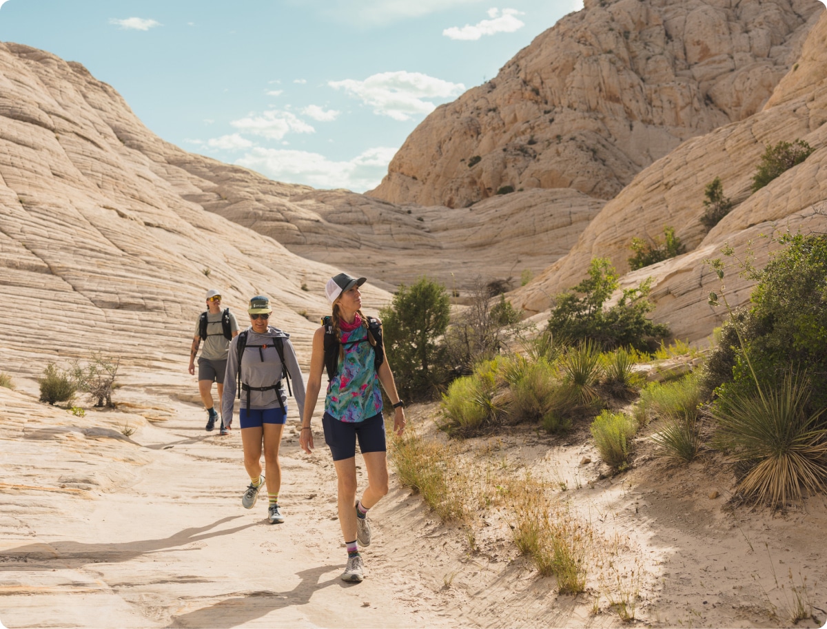 Three people walk through a desert trail.